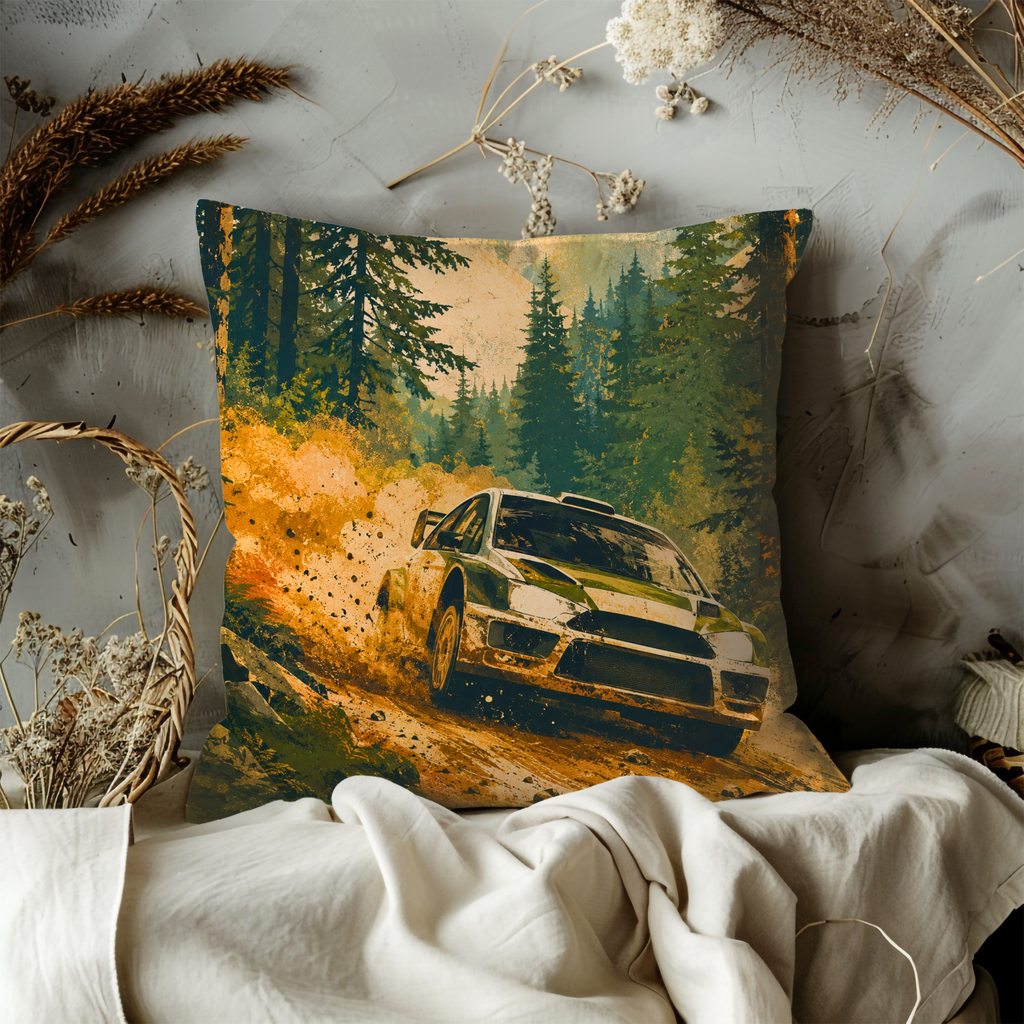 Rally Car Forest Dust Pillow Cover | Modern Motorsport Art | Adventure Racing Decor
