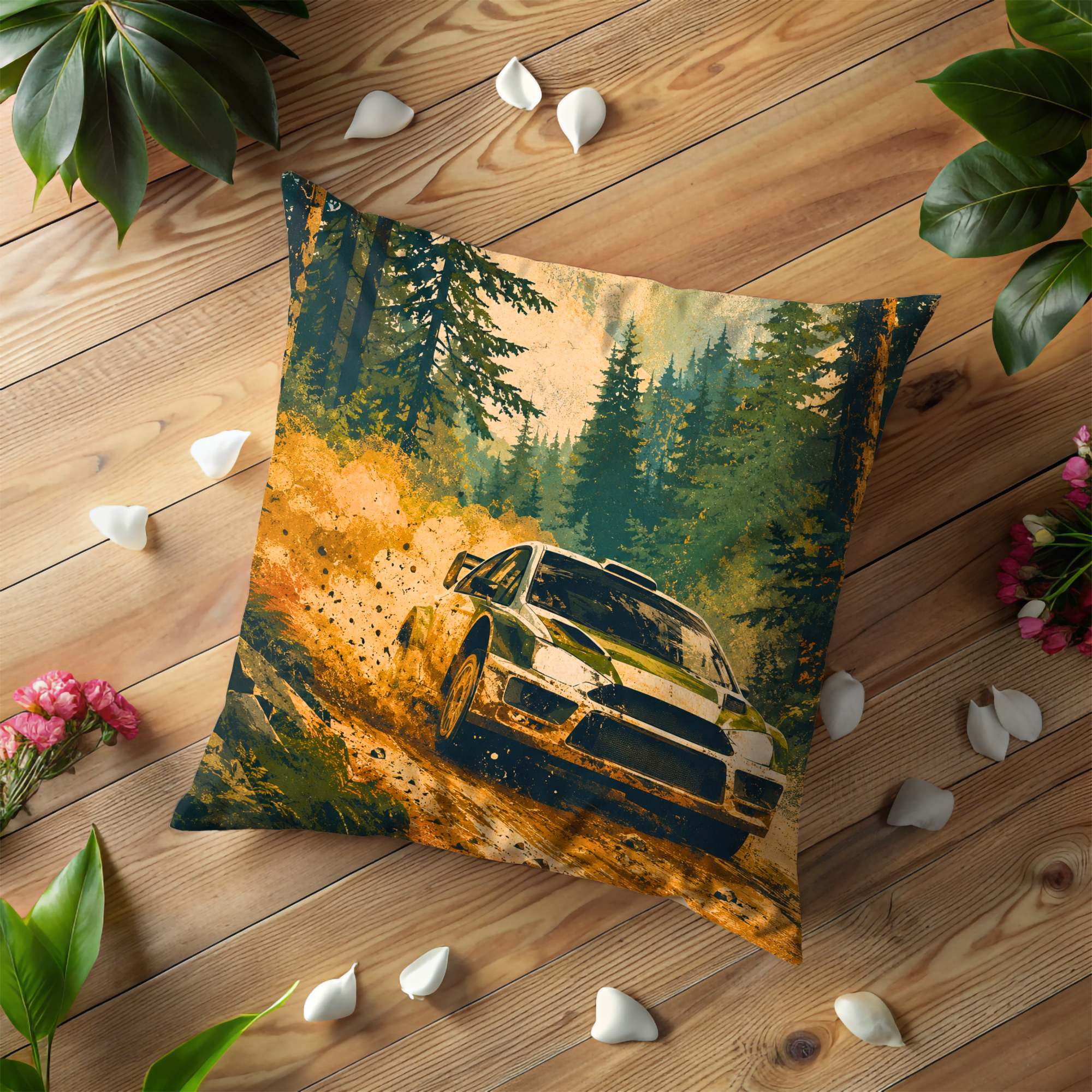 Rally Car Forest Dust Pillow Cover | Modern Motorsport Art | Adventure Racing Decor