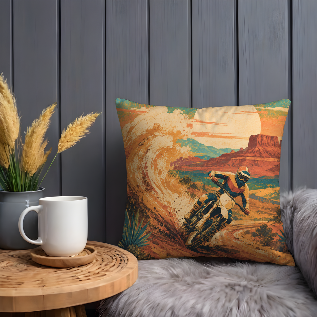 Dirt Bike Desert Dust Pillow Cover | Motocross Adventure Art | Bold Outdoor Decor
