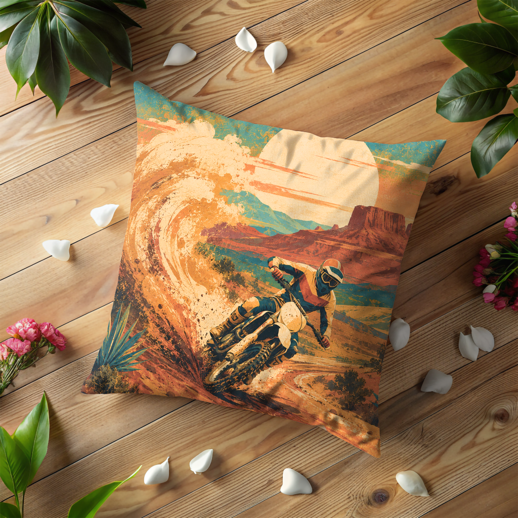Dirt Bike Desert Dust Pillow Cover | Motocross Adventure Art | Bold Outdoor Decor