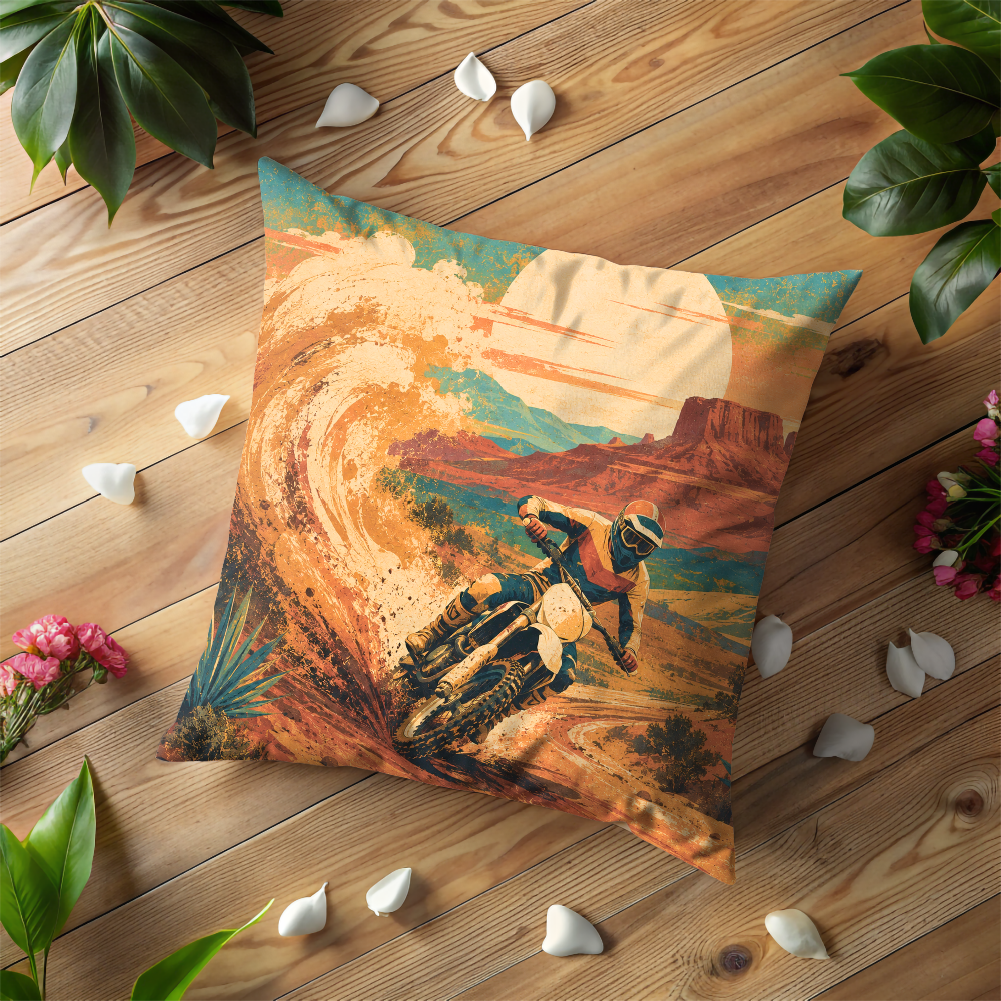 Dirt Bike Desert Dust Pillow Cover | Motocross Adventure Art | Bold Outdoor Decor