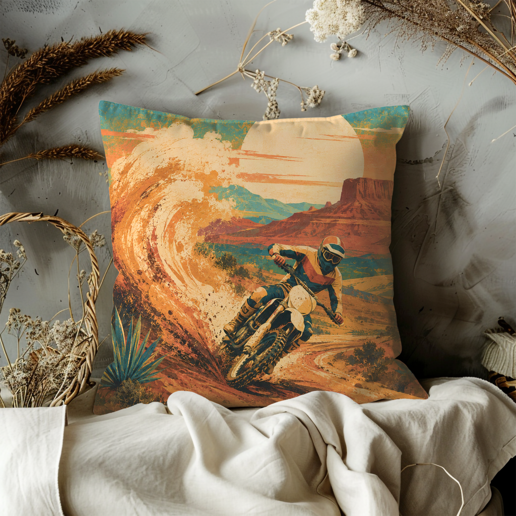 Dirt Bike Desert Dust Pillow Cover | Motocross Adventure Art | Bold Outdoor Decor