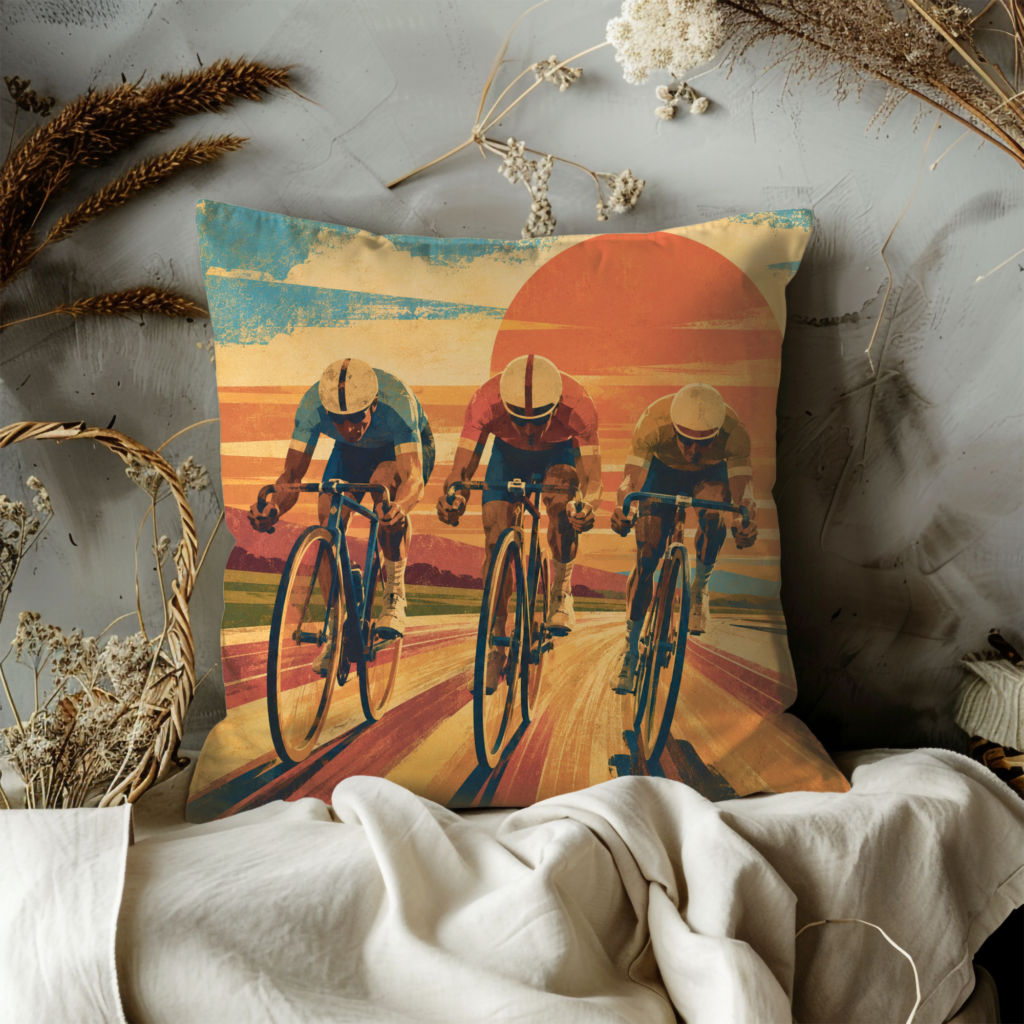 Three Cyclists Race Sunset Pillow Cover | Road Cycling Art | Dynamic Sports Decor