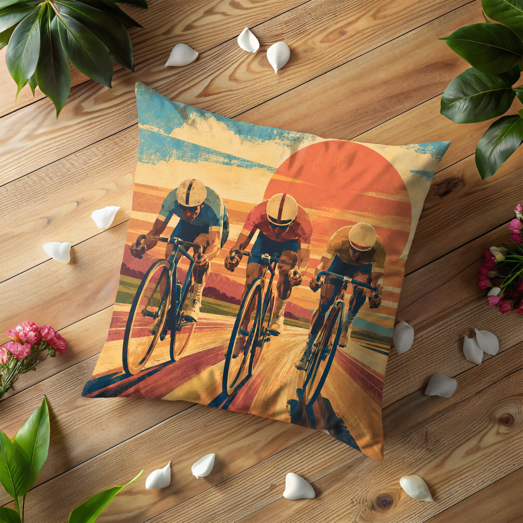 Three Cyclists Race Sunset Pillow Cover | Road Cycling Art | Dynamic Sports Decor