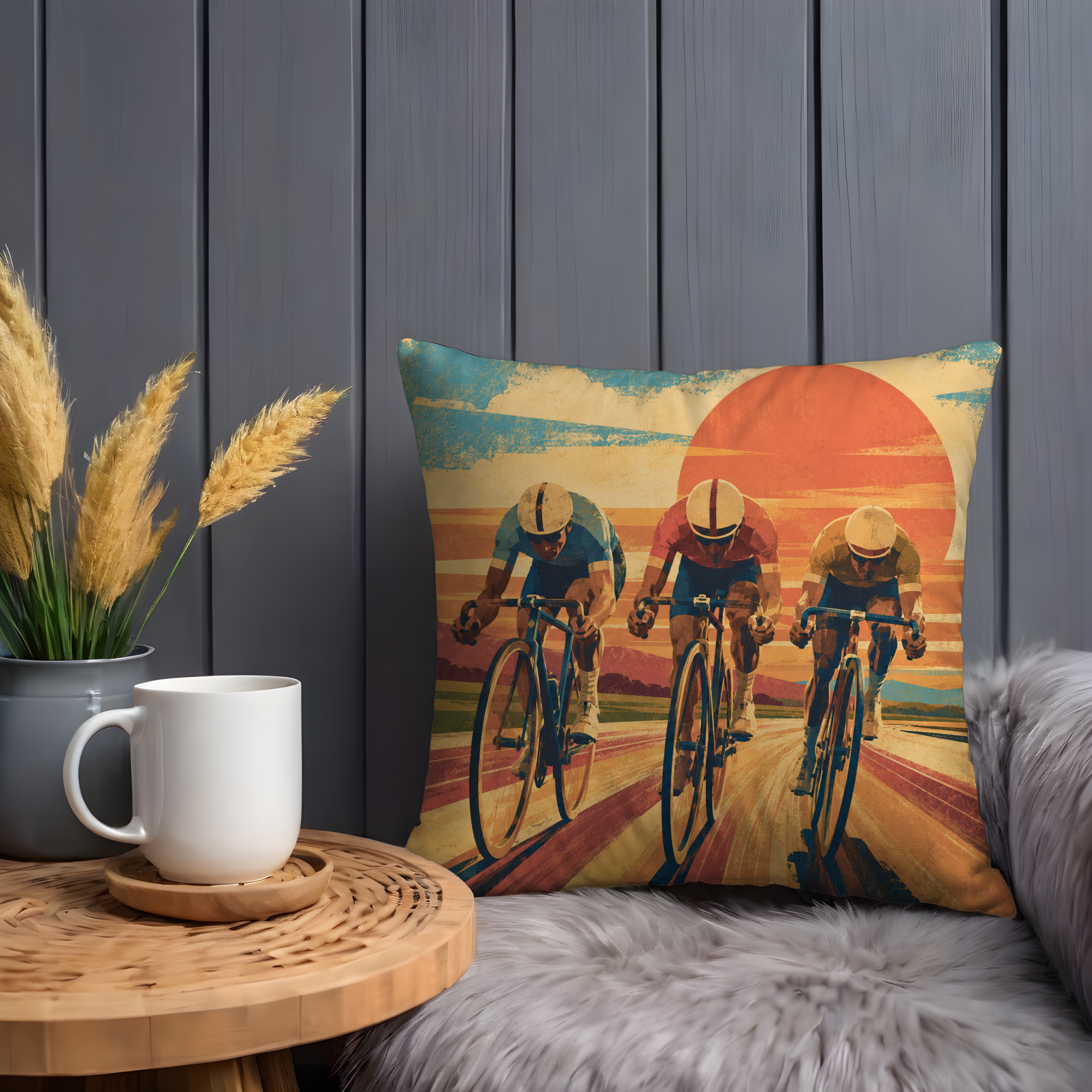 Three Cyclists Race Sunset Pillow Cover | Road Cycling Art | Dynamic Sports Decor