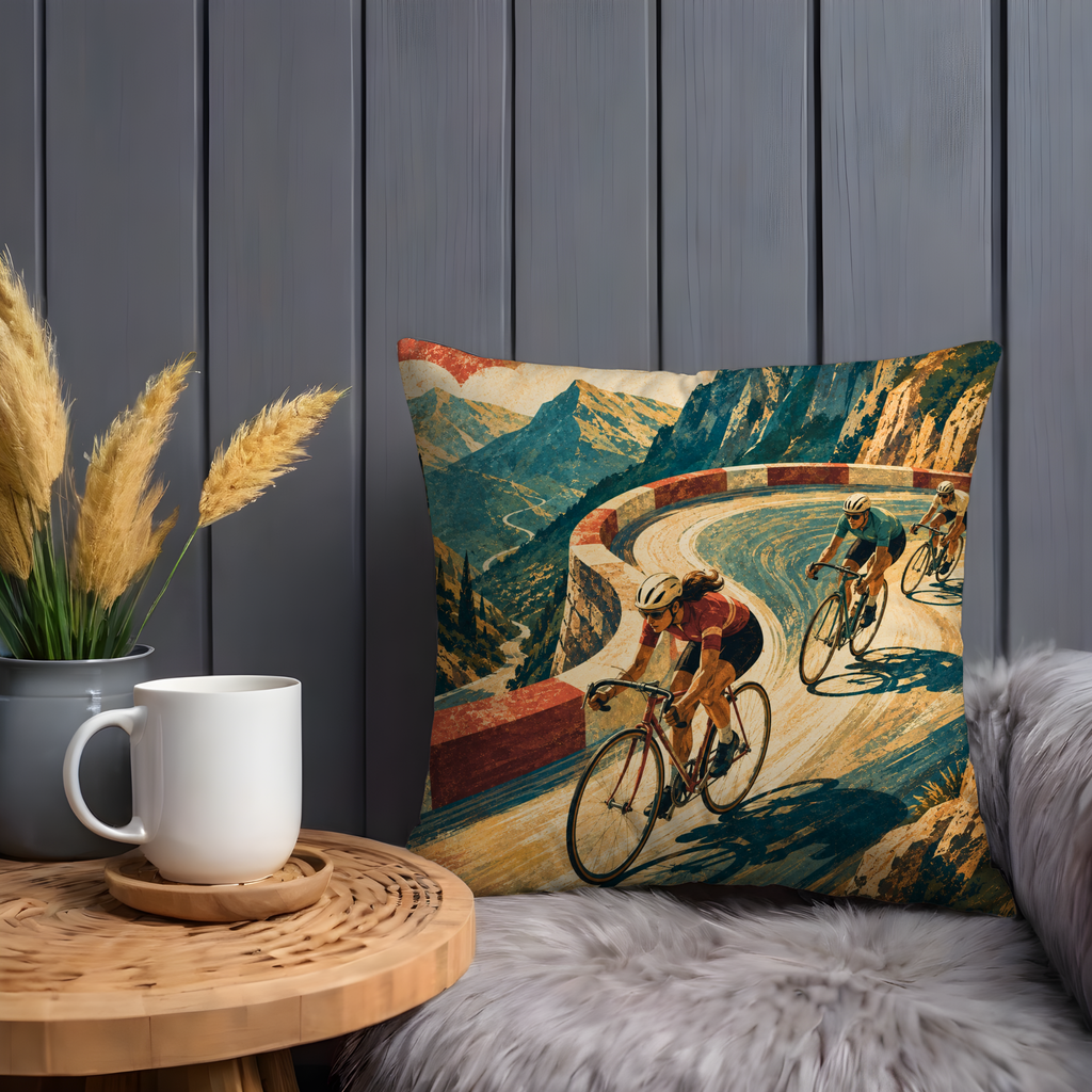 Cyclists Mountain Switchback Pillow Cover | Road Cycling Art | Alpine Adventure Decor