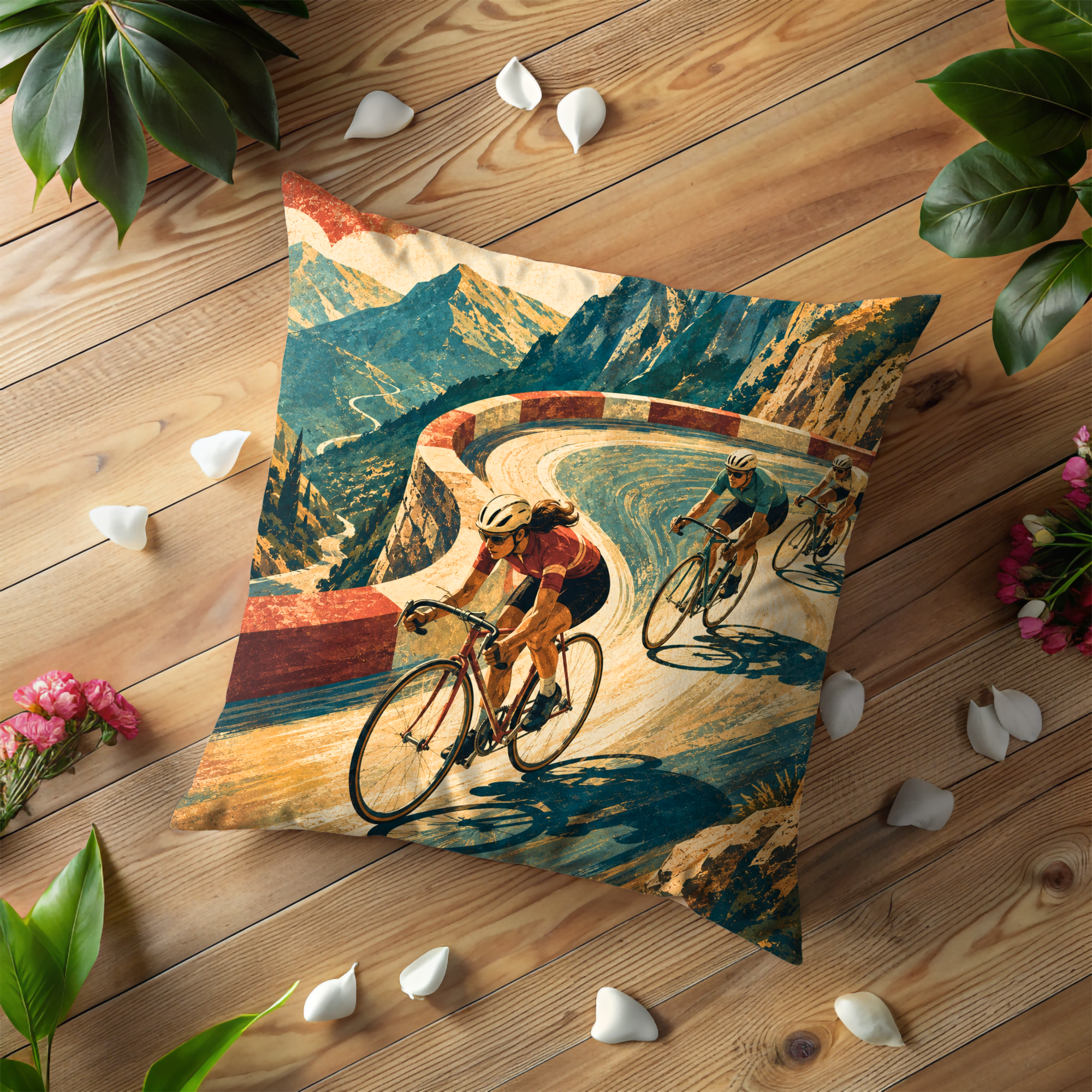 Cyclists Mountain Switchback Pillow Cover | Road Cycling Art | Alpine Adventure Decor