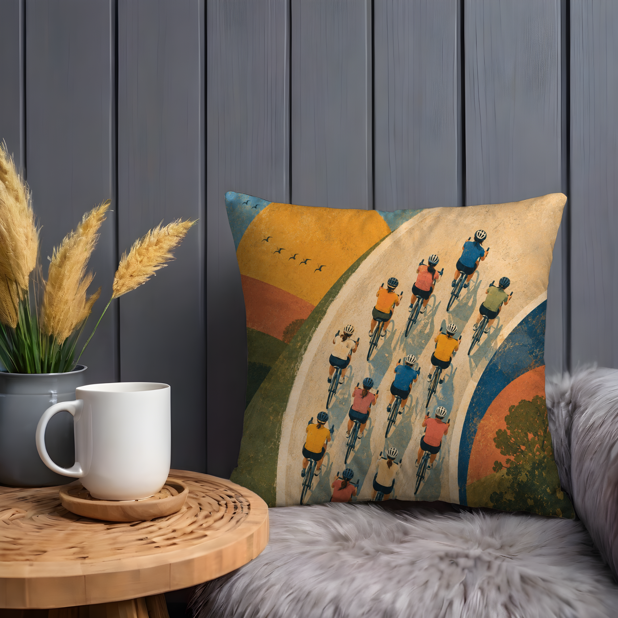 Cycling Peloton Rolling Hills Pillow Cover | Group Cycling Art | Scenic Adventure Decor