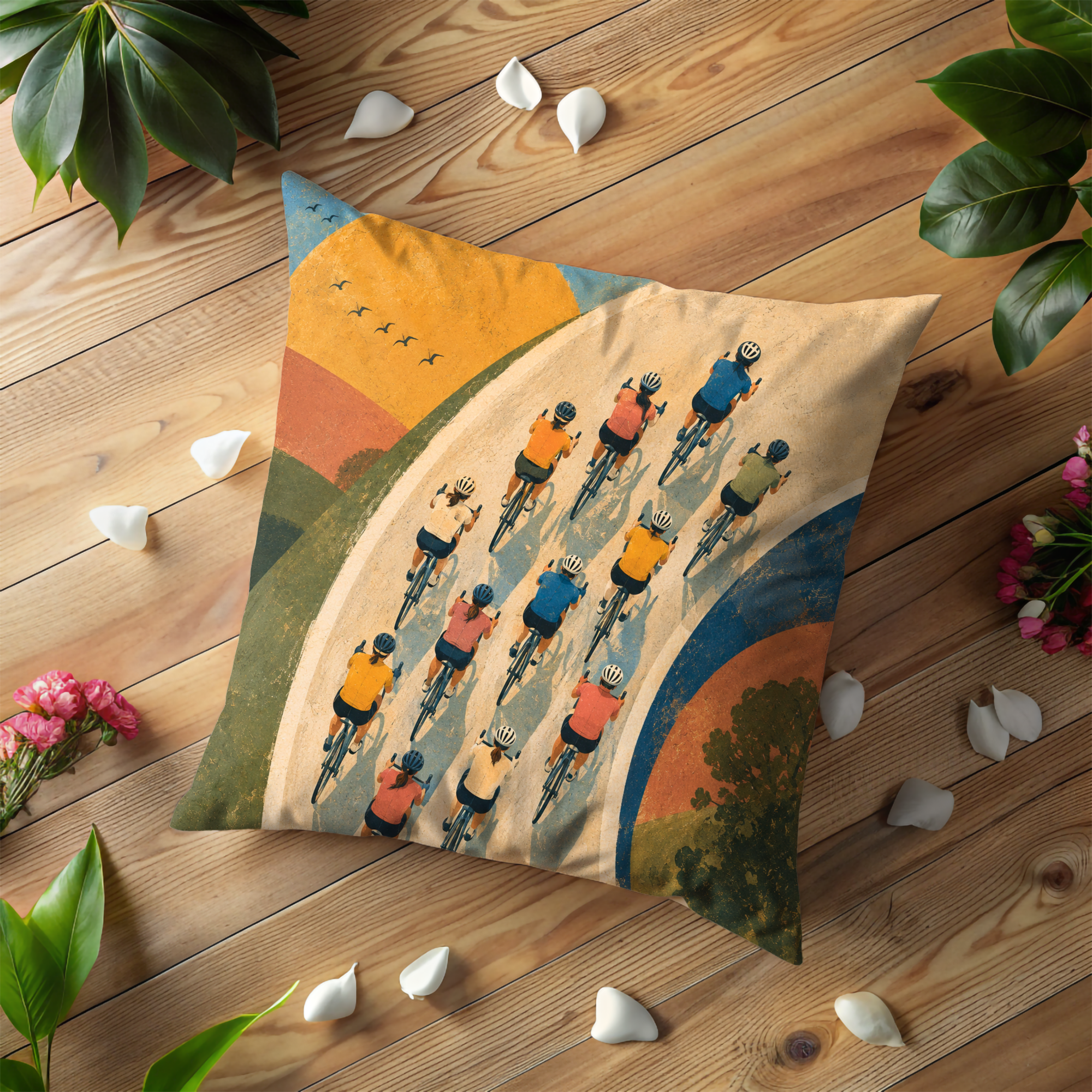 Cycling Peloton Rolling Hills Pillow Cover | Group Cycling Art | Scenic Adventure Decor