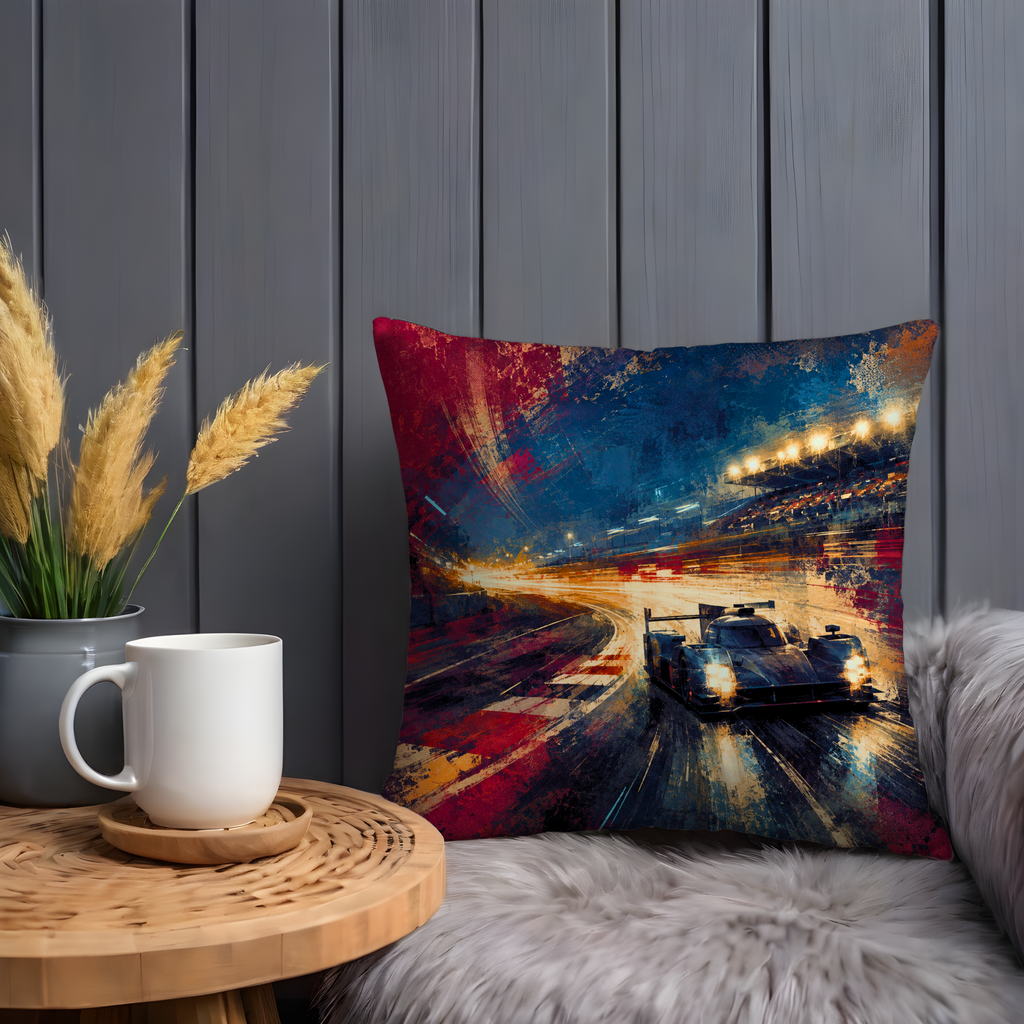 Night Race Car Light Trails Pillow Cover | Modern Motorsport Art | High Speed Decor