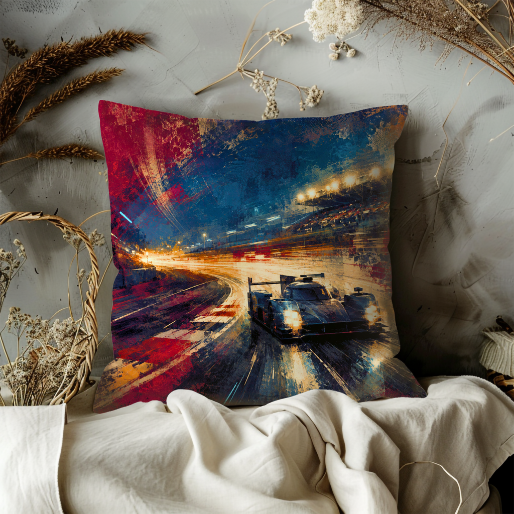 Night Race Car Light Trails Pillow Cover | Modern Motorsport Art | High Speed Decor