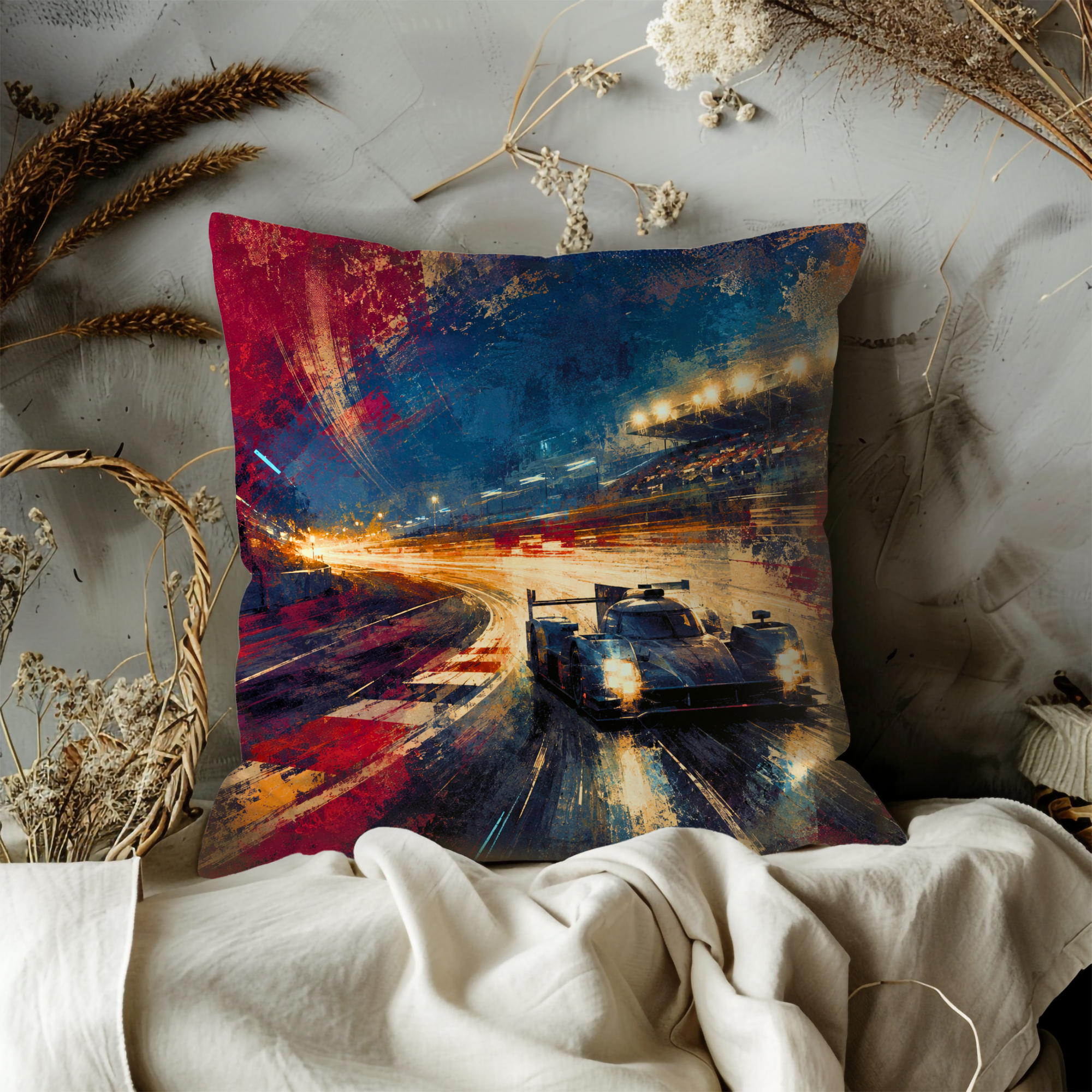 Night Race Car Light Trails Pillow Cover | Modern Motorsport Art | High Speed Decor
