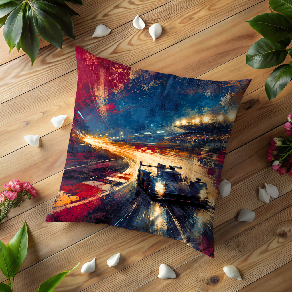 Night Race Car Light Trails Pillow Cover | Modern Motorsport Art | High Speed Decor