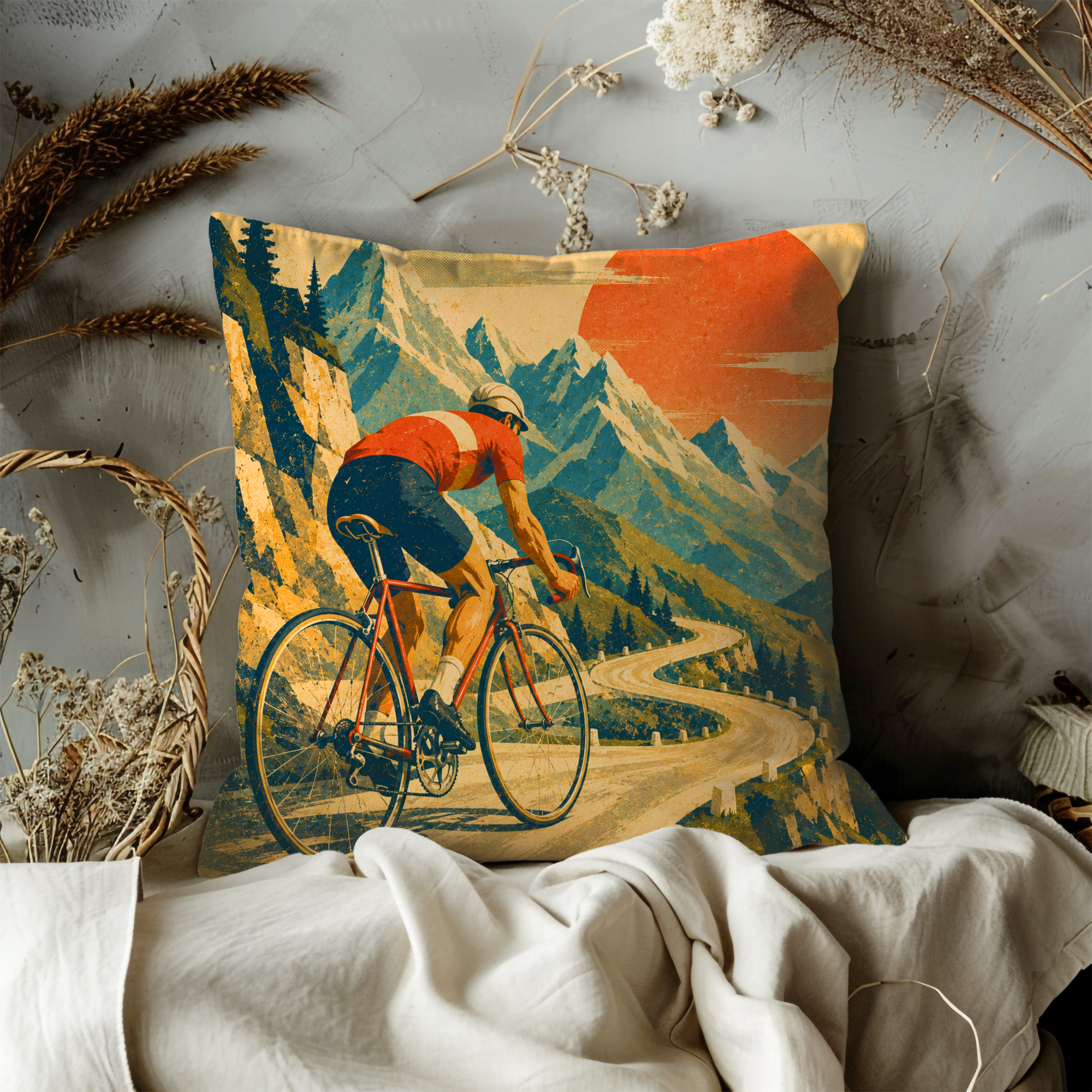 Cyclist Mountain Road Sunrise Pillow Cover | Road Bike Adventure Art | Outdoor Sports Decor