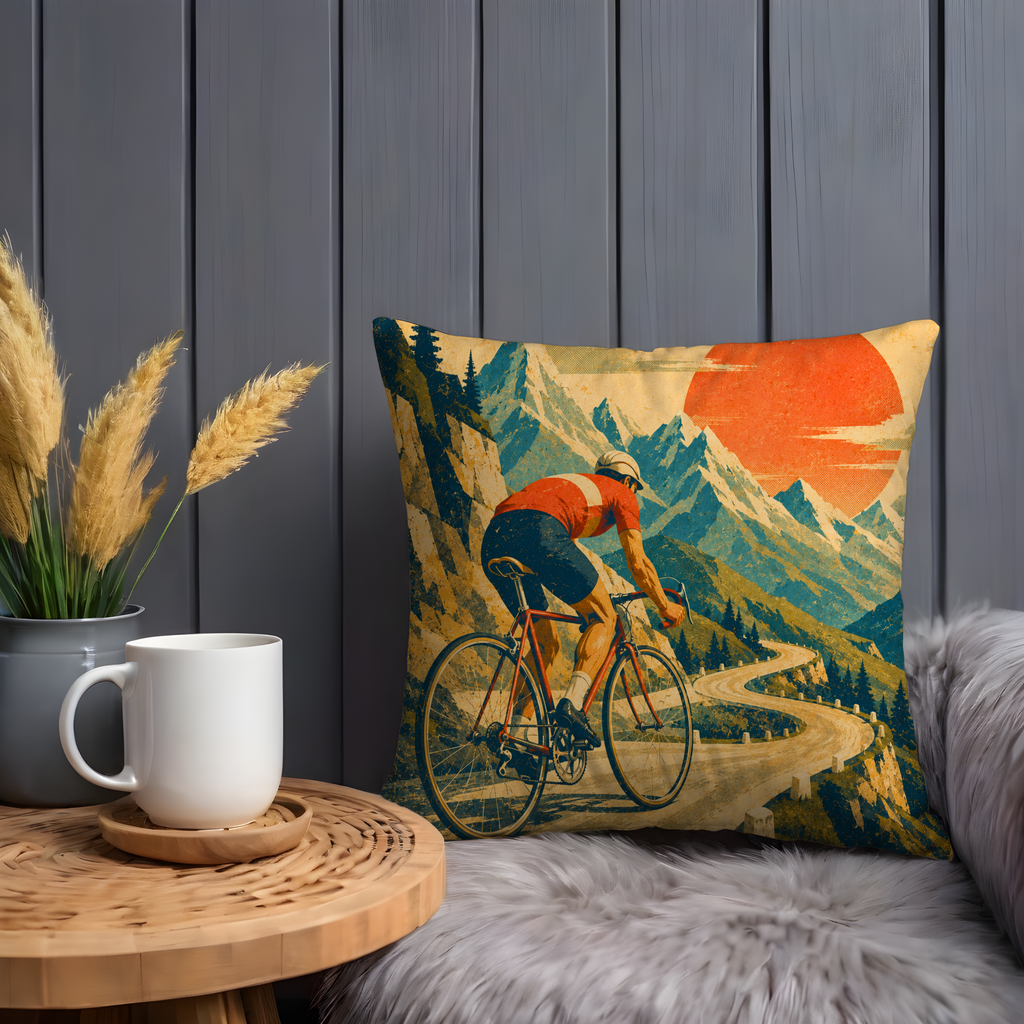 Cyclist Mountain Road Sunrise Pillow Cover | Road Bike Adventure Art | Outdoor Sports Decor