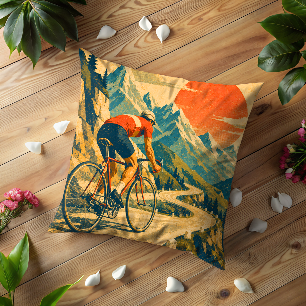 Cyclist Mountain Road Sunrise Pillow Cover | Road Bike Adventure Art | Outdoor Sports Decor