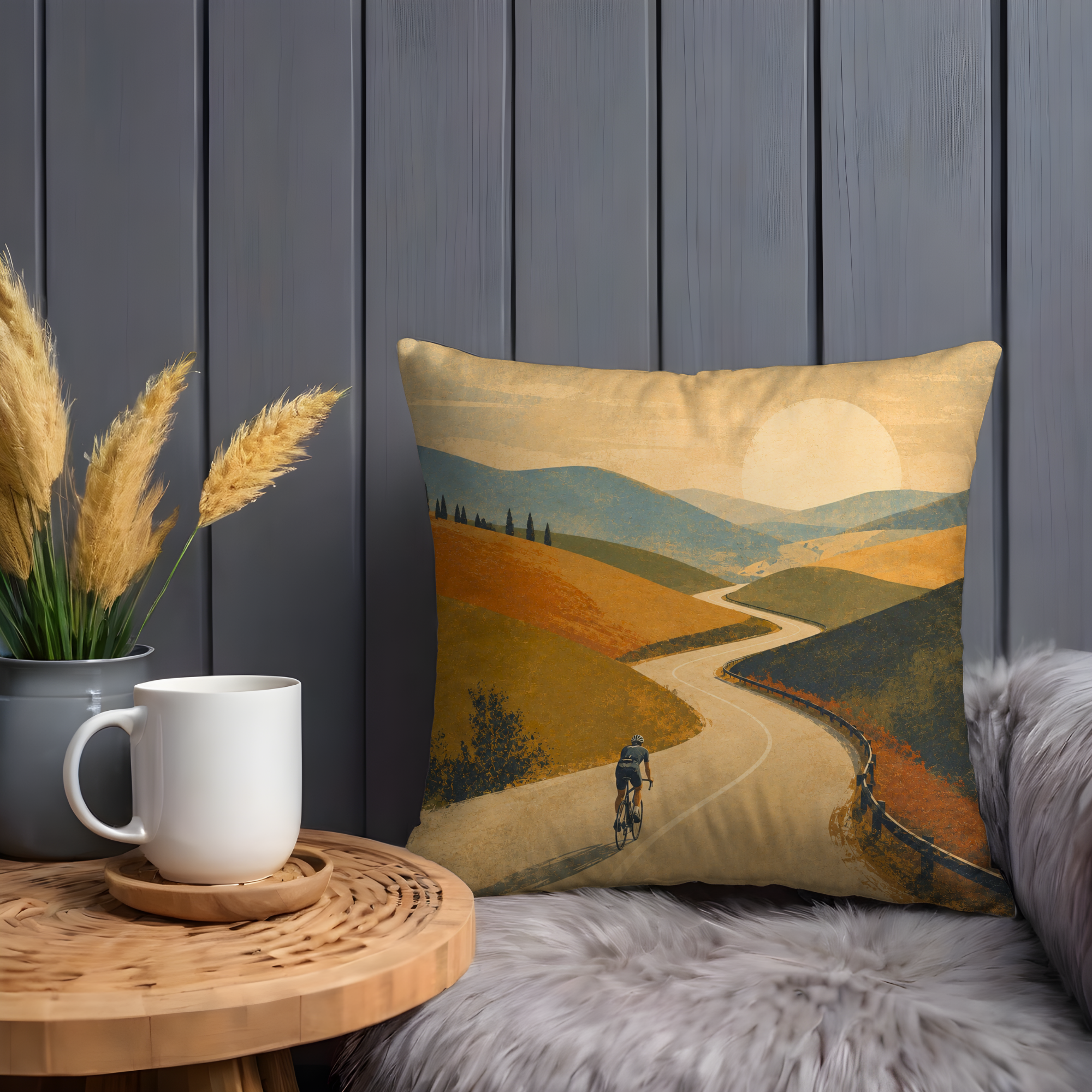 Cyclist Rolling Hills Road Pillow Cover | Minimalist Cycling Art | Scenic Adventure Decor