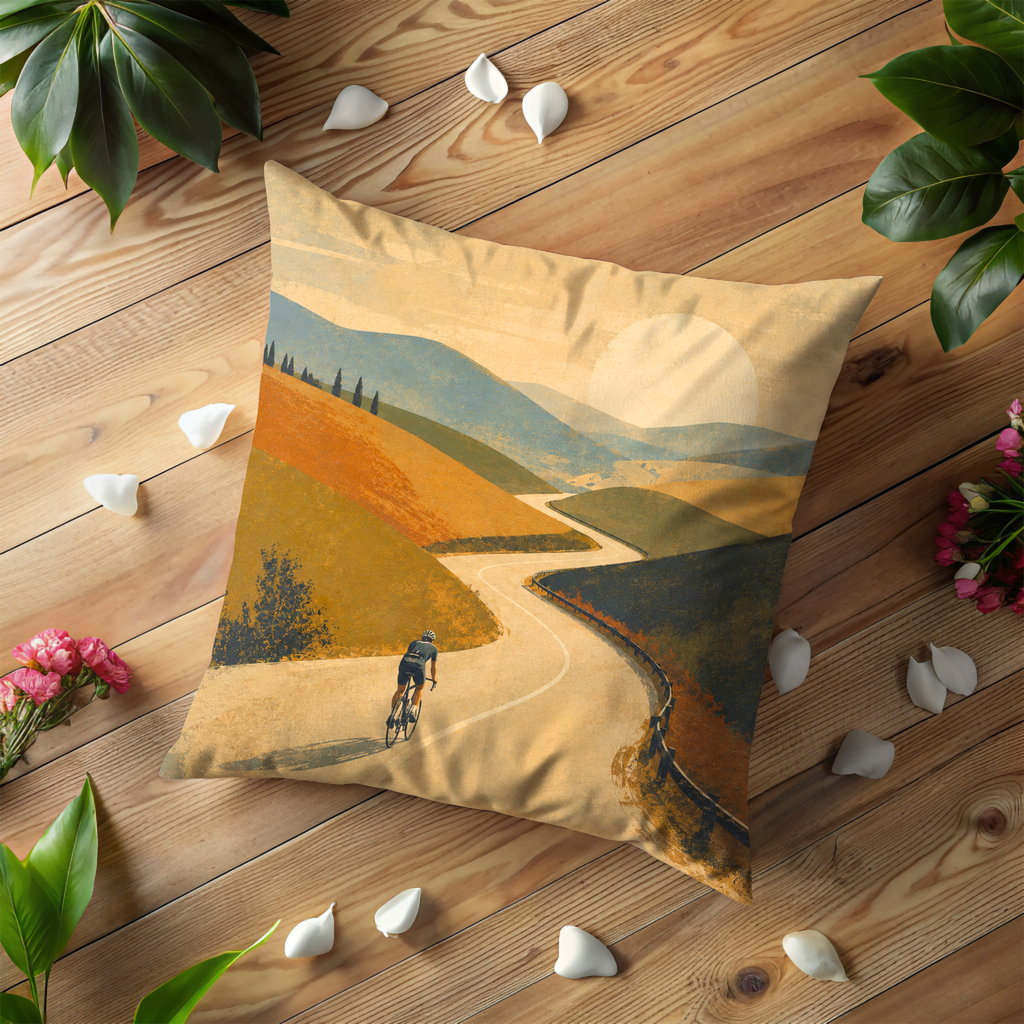 Cyclist Rolling Hills Road Pillow Cover | Minimalist Cycling Art | Scenic Adventure Decor