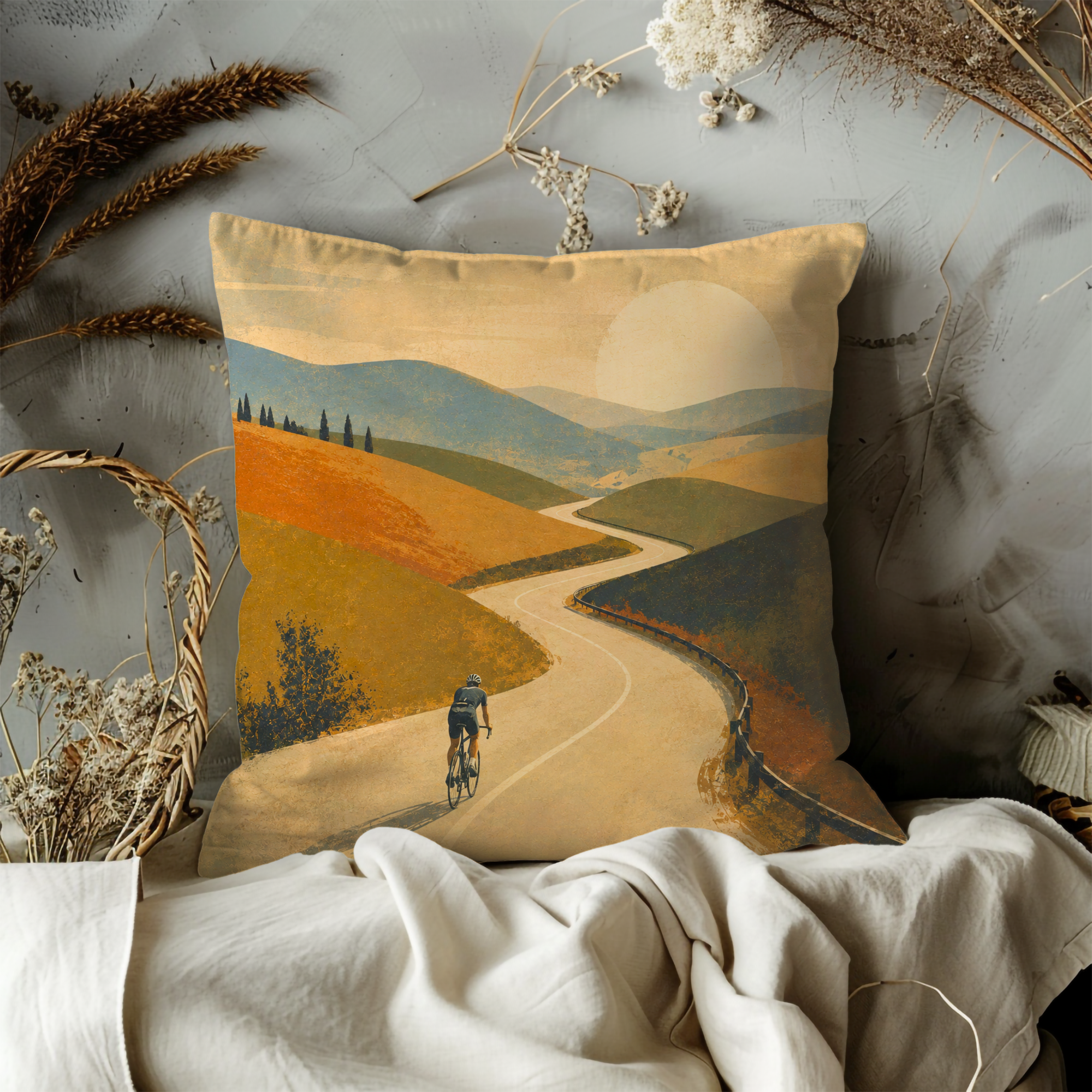 Cyclist Rolling Hills Road Pillow Cover | Minimalist Cycling Art | Scenic Adventure Decor