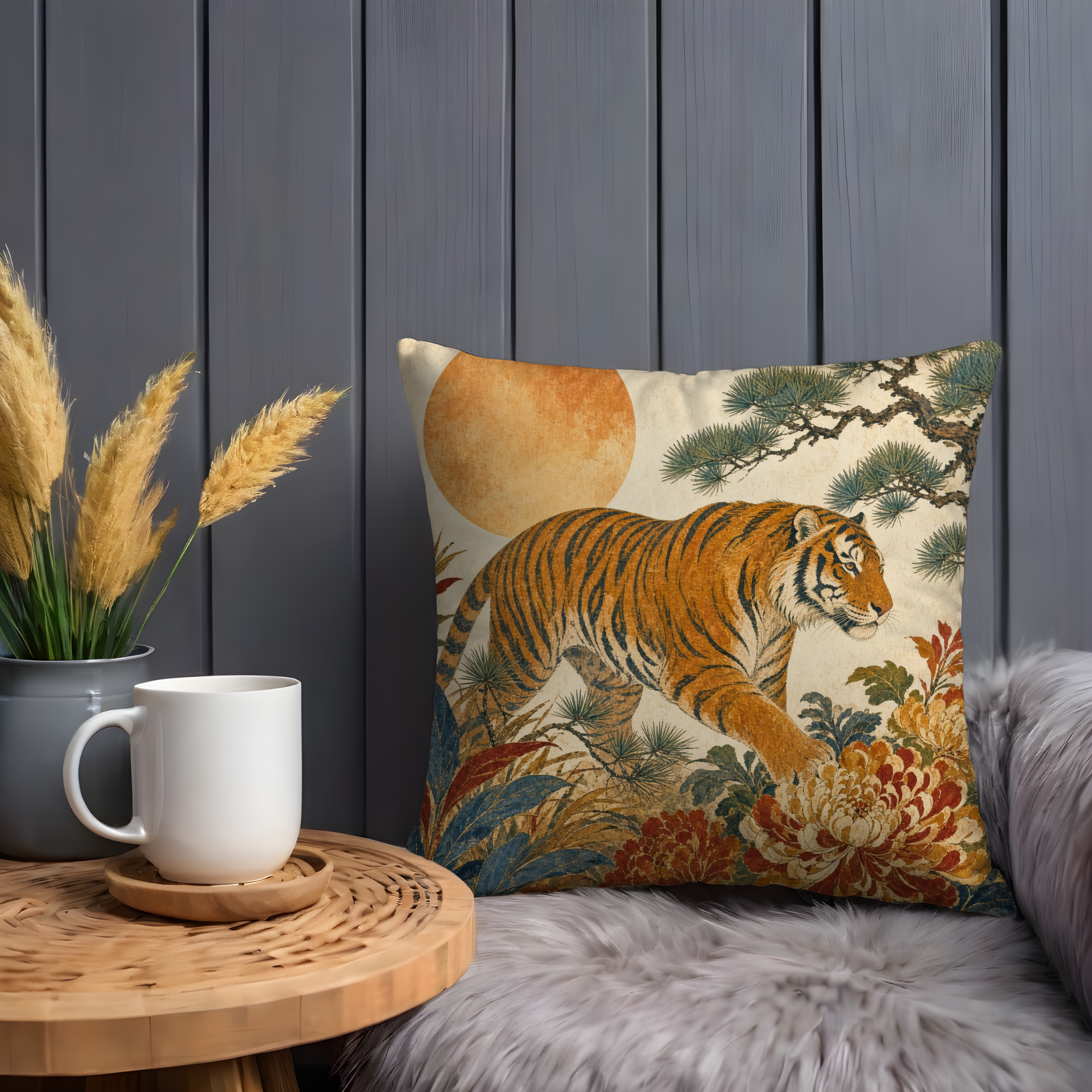 Tiger Pine Chrysanthemum Pillow Cover | Classic Asian Art | Bold Wildlife Decor