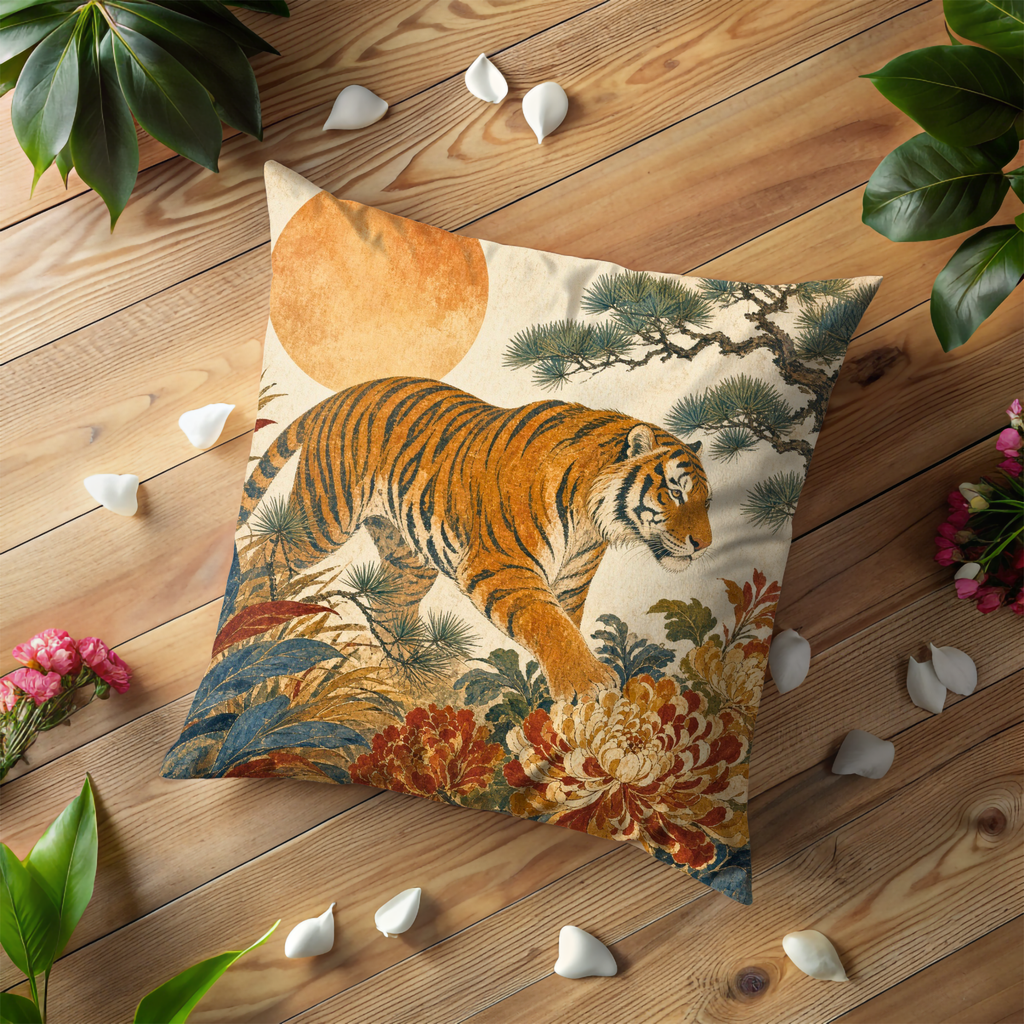 Tiger Pine Chrysanthemum Pillow Cover | Classic Asian Art | Bold Wildlife Decor