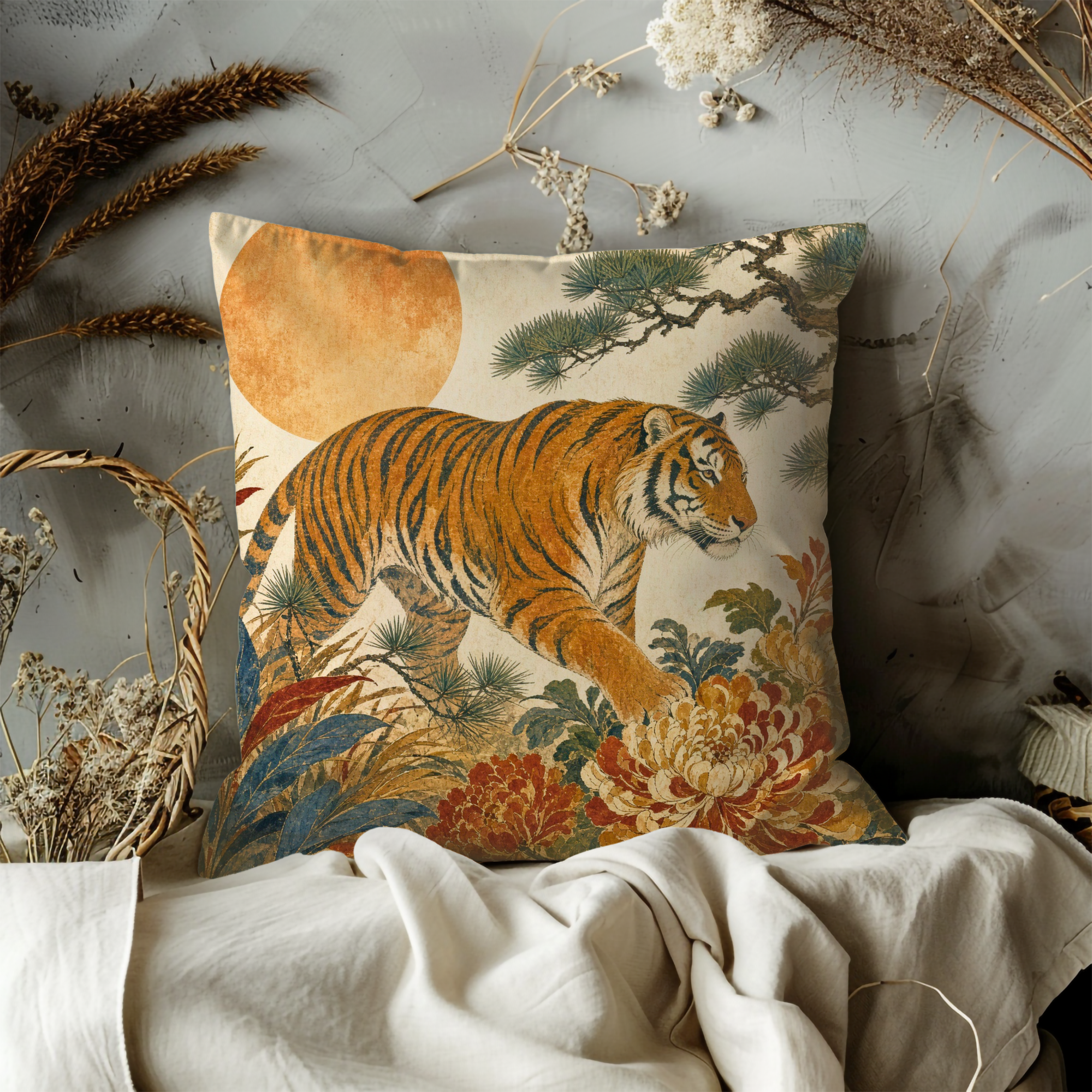Tiger Pine Chrysanthemum Pillow Cover | Classic Asian Art | Bold Wildlife Decor
