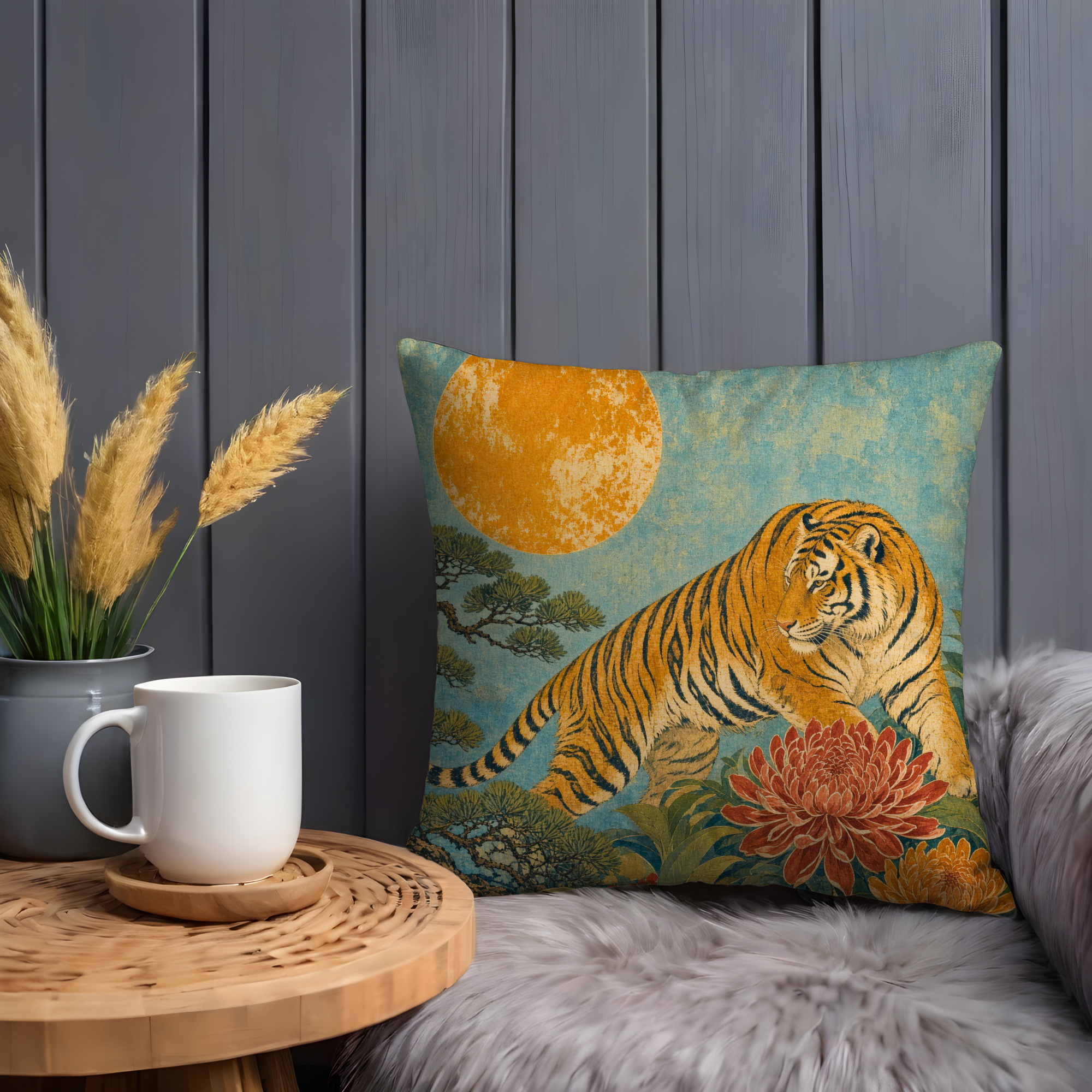 Tiger Golden Sun Chrysanthemum Pillow Cover | Classic Asian Art | Bold Wildlife Decor