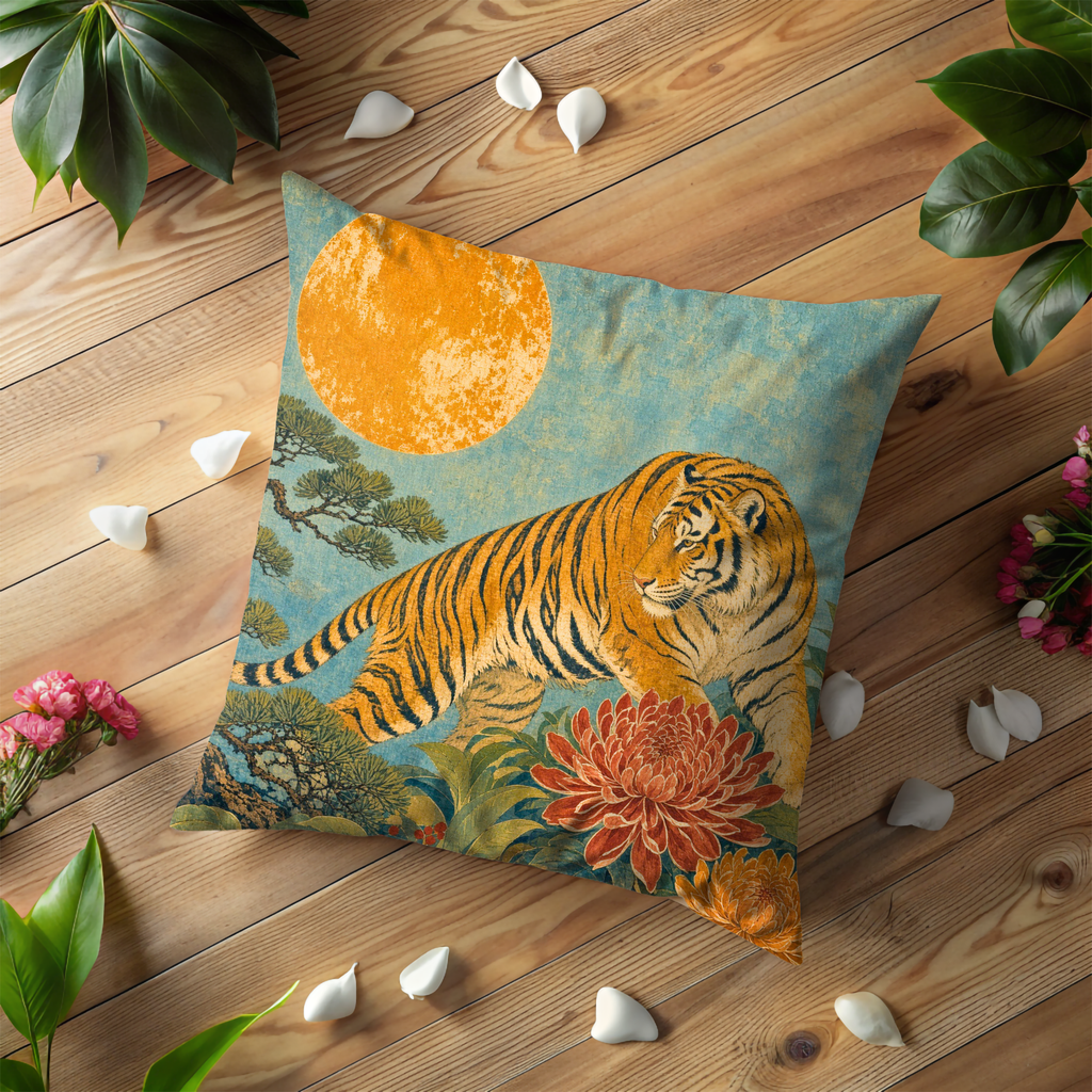 Tiger Golden Sun Chrysanthemum Pillow Cover | Classic Asian Art | Bold Wildlife Decor