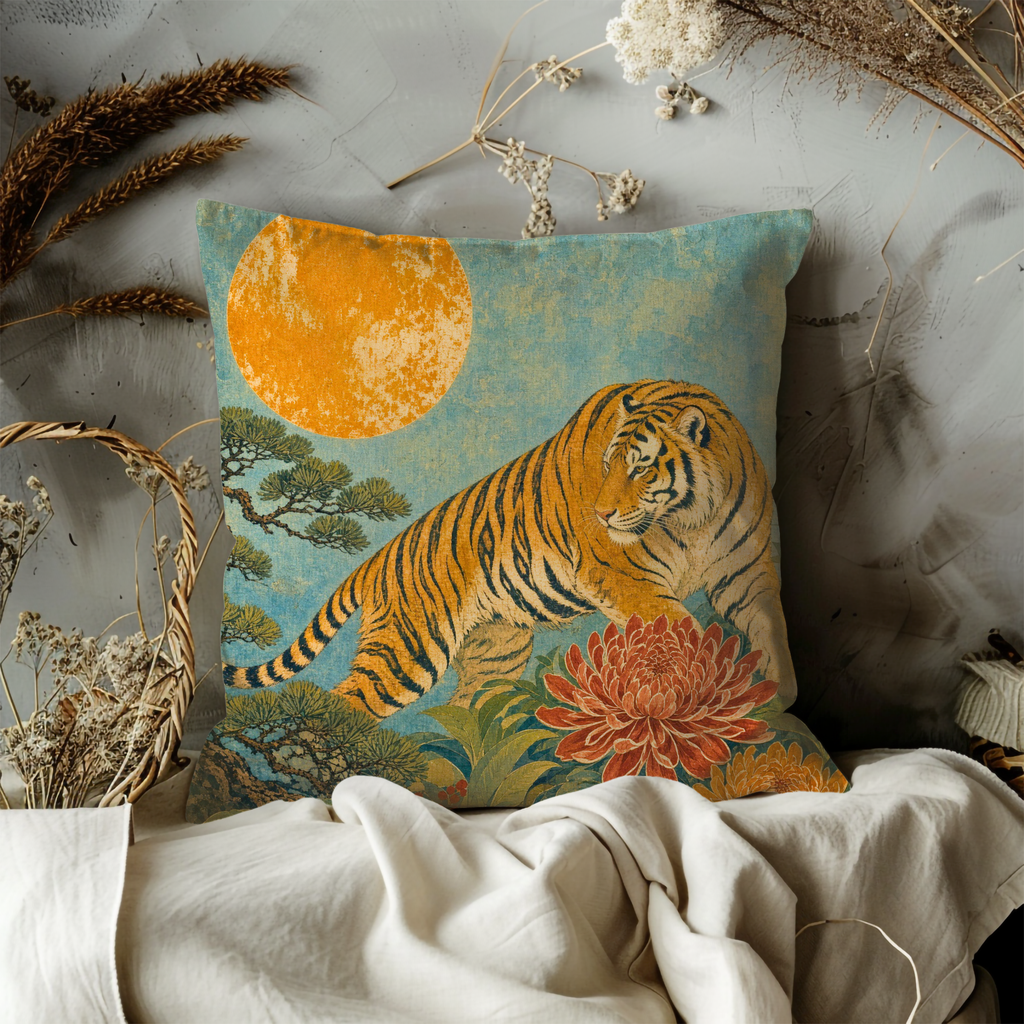 Tiger Golden Sun Chrysanthemum Pillow Cover | Classic Asian Art | Bold Wildlife Decor
