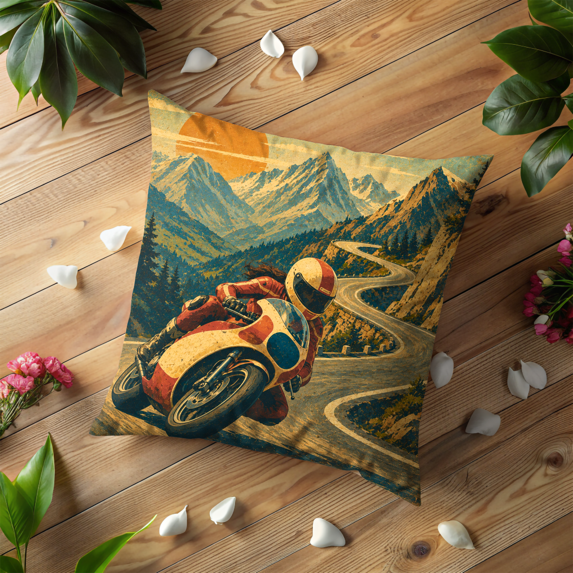 Female Motorcycle Racer Mountain Road Pillow Cover | Woman Biker Art | Alpine Adventure Decor