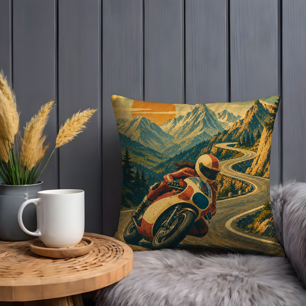 Female Motorcycle Racer Mountain Road Pillow Cover | Woman Biker Art | Alpine Adventure Decor