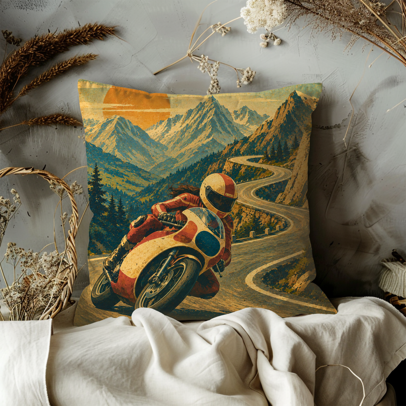 Female Motorcycle Racer Mountain Road Pillow Cover | Woman Biker Art | Alpine Adventure Decor