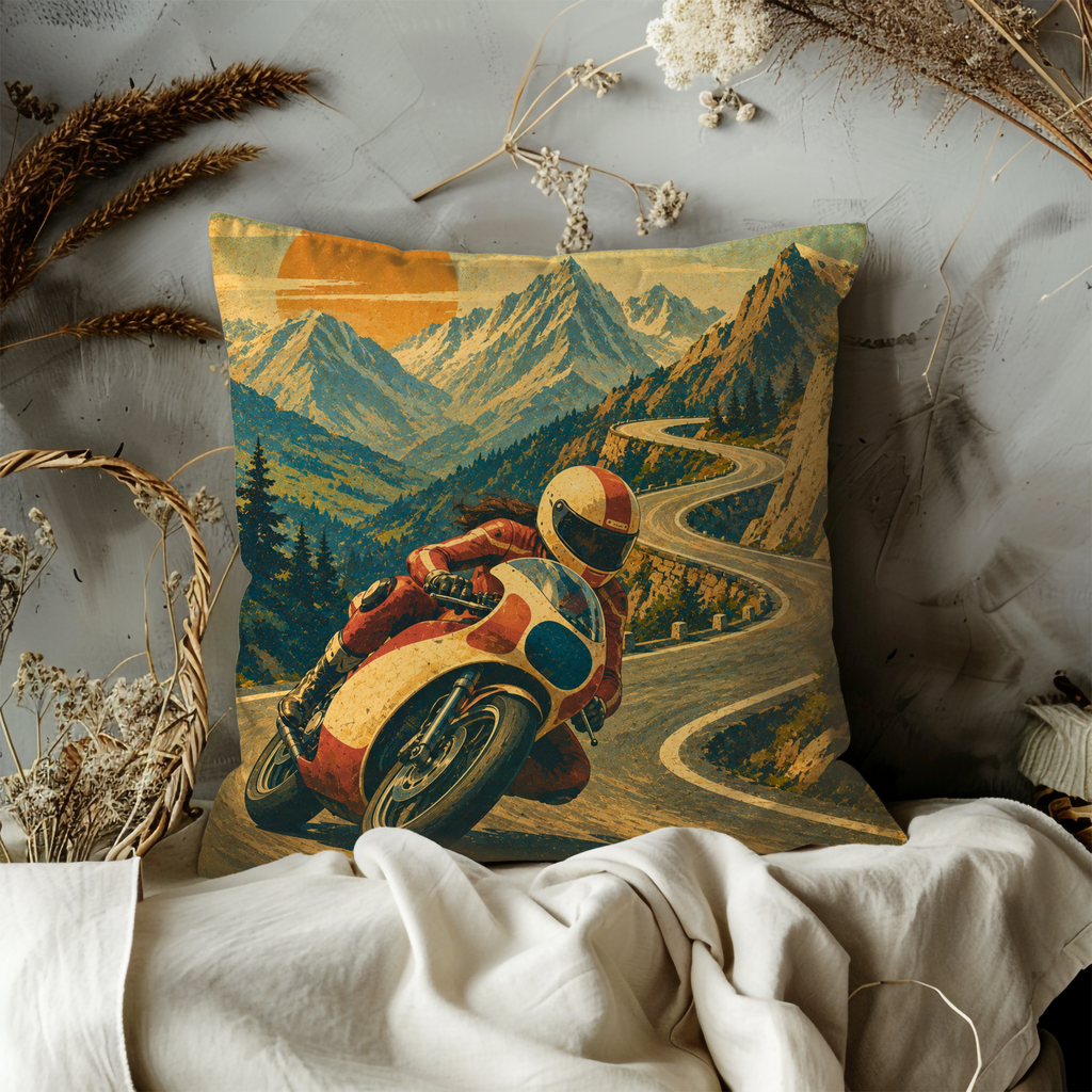Female Motorcycle Racer Mountain Road Pillow Cover | Woman Biker Art | Alpine Adventure Decor