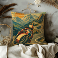 Female Motorcycle Racer Mountain Road Pillow Cover | Woman Biker Art | Alpine Adventure Decor