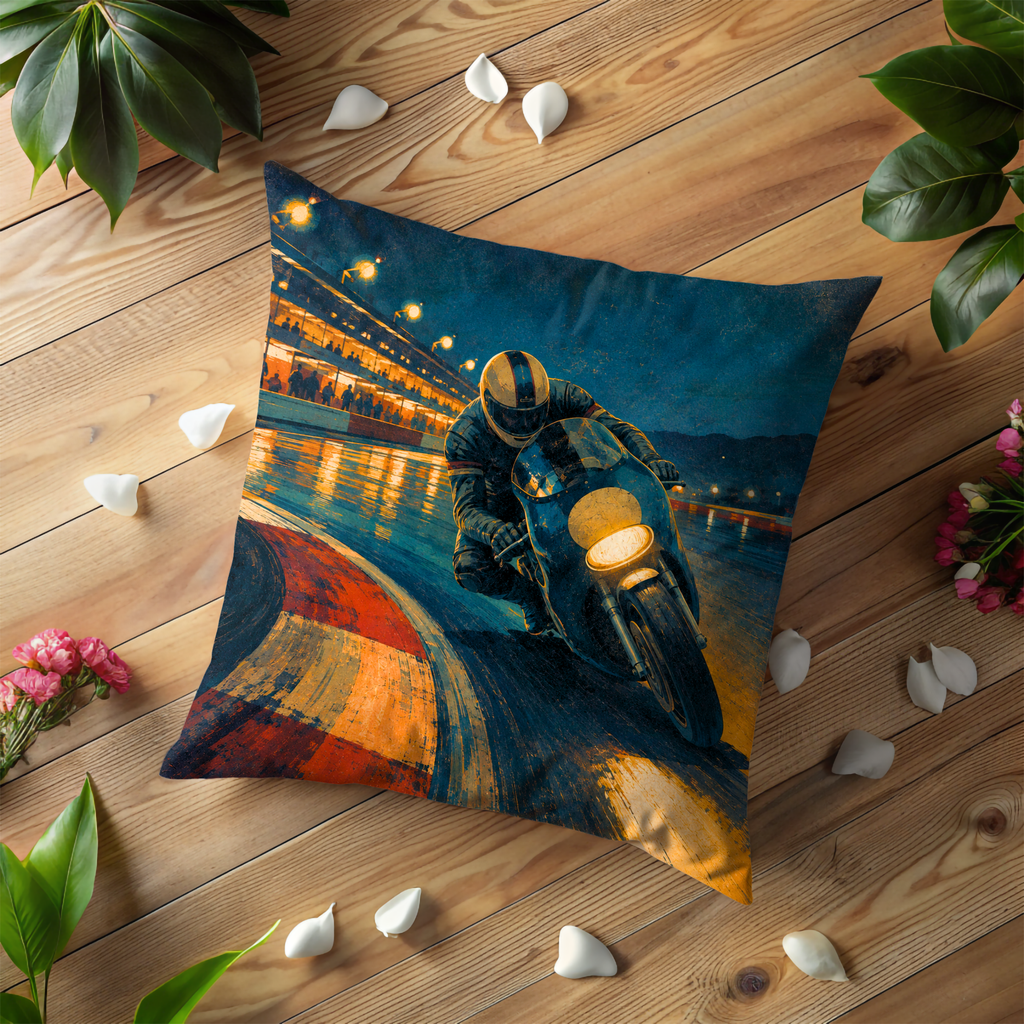 Night Motorcycle Track Racer Pillow Cover | Classic Bike Racing Art | Wet Track Decor