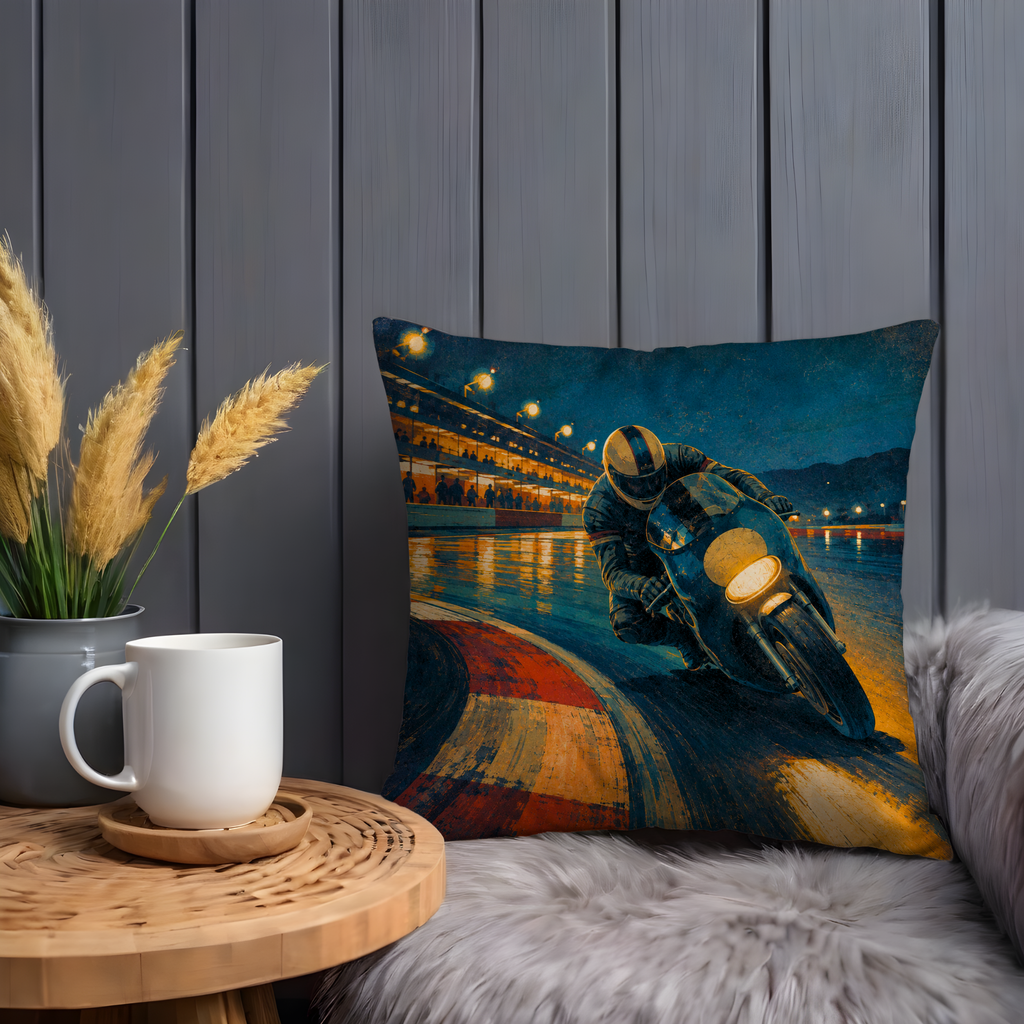 Night Motorcycle Track Racer Pillow Cover | Classic Bike Racing Art | Wet Track Decor