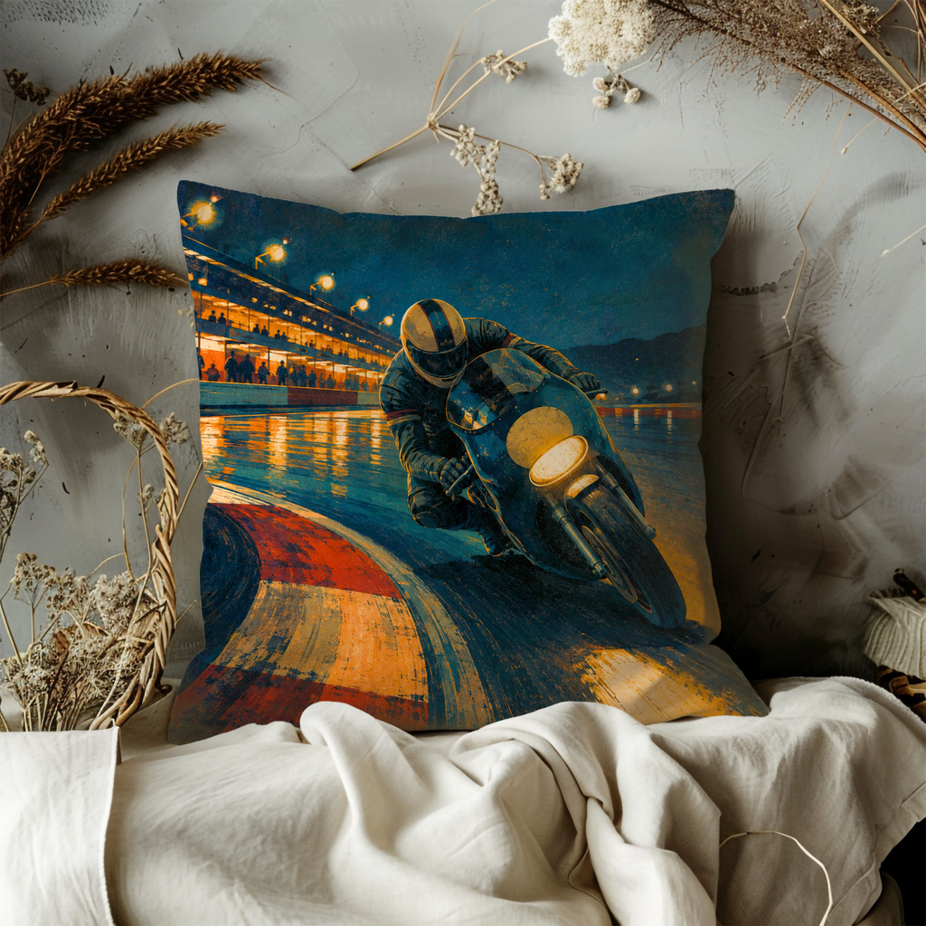 Night Motorcycle Track Racer Pillow Cover | Classic Bike Racing Art | Wet Track Decor