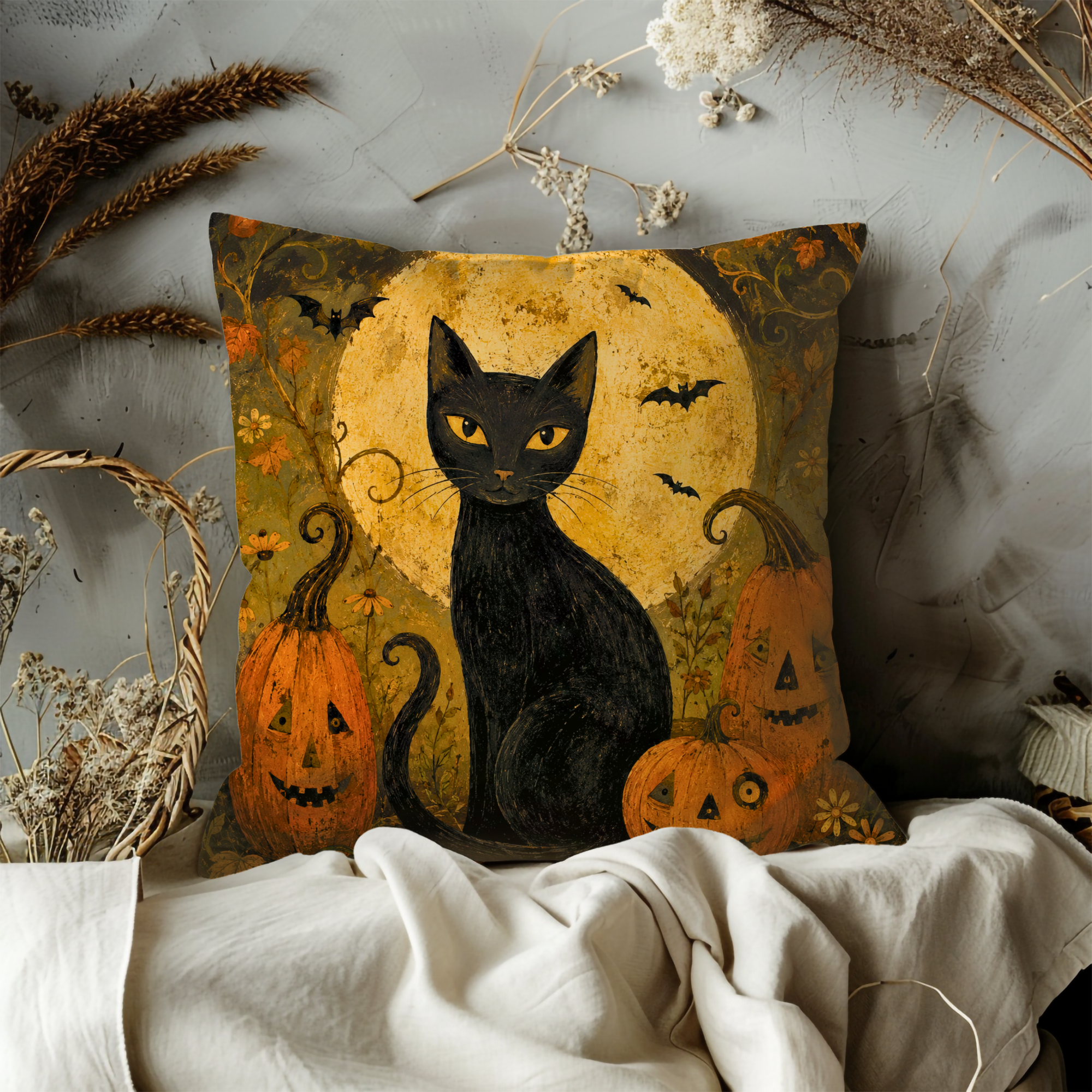 Black Cat Full Moon Pumpkins Pillow Cover | Halloween Art | Spooky Autumn Decor