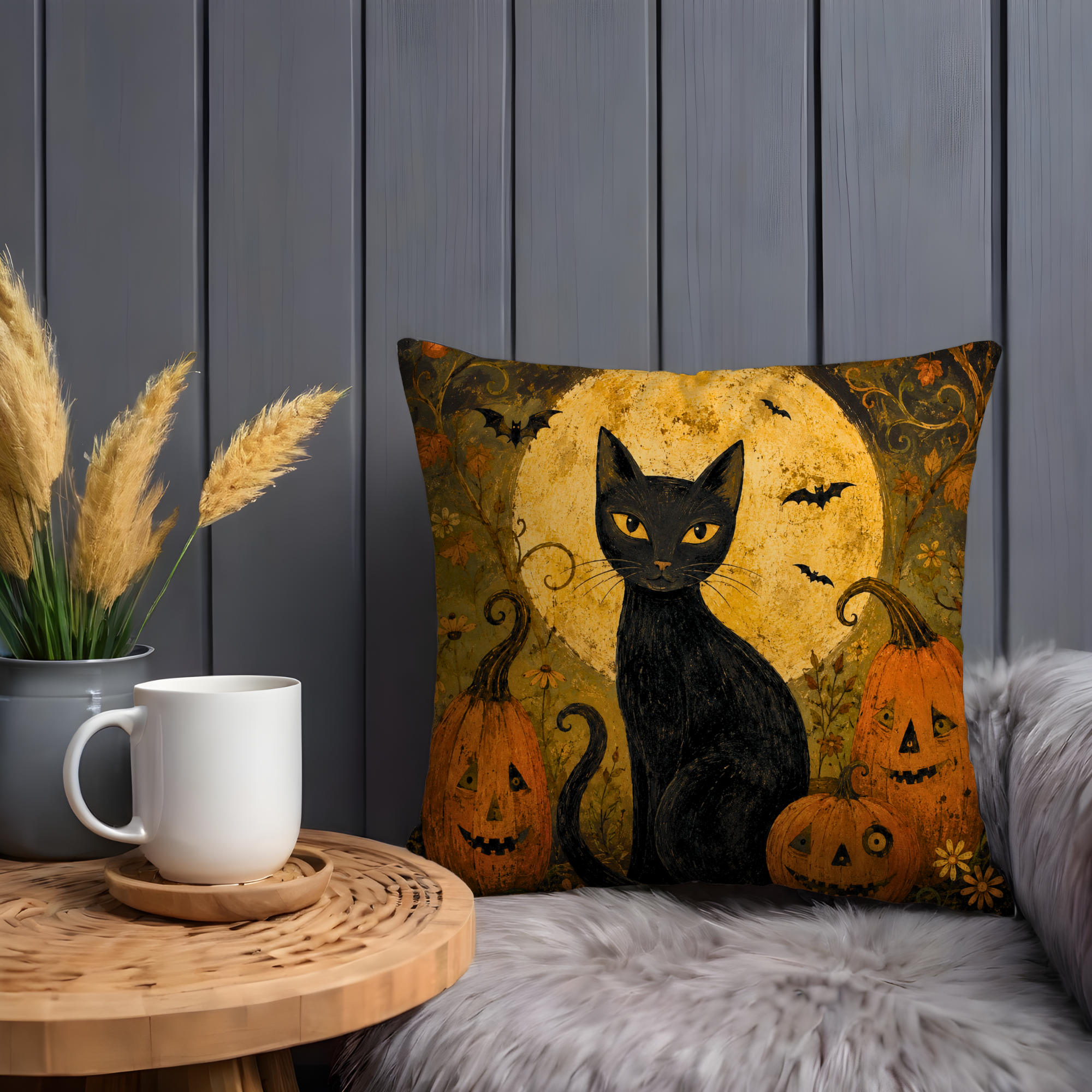 Black Cat Full Moon Pumpkins Pillow Cover | Halloween Art | Spooky Autumn Decor