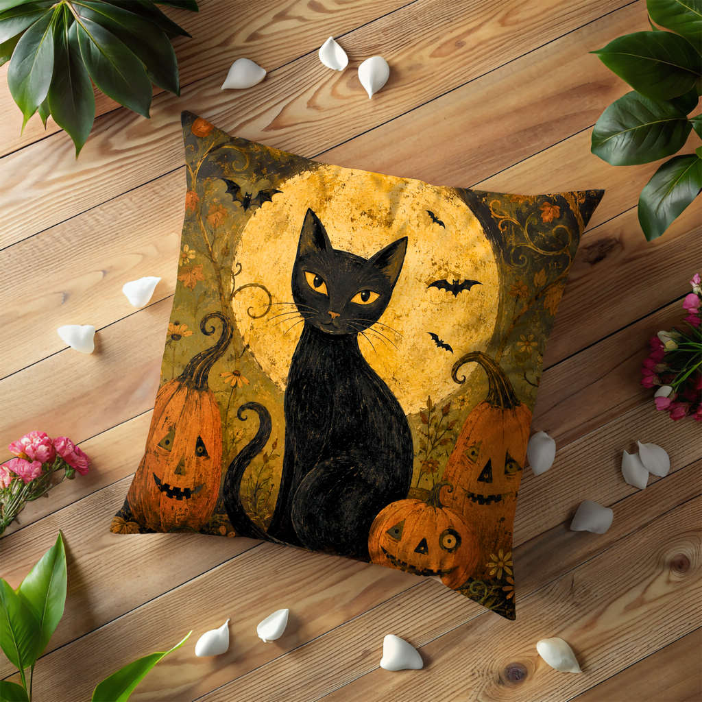 Black Cat Full Moon Pumpkins Pillow Cover | Halloween Art | Spooky Autumn Decor