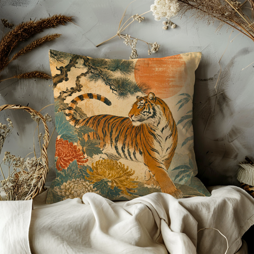 Tiger Chrysanthemum Red Sun Pillow Cover | Classic Asian Art | Bold Wildlife Decor