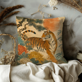 Tiger Chrysanthemum Red Sun Pillow Cover | Classic Asian Art | Bold Wildlife Decor