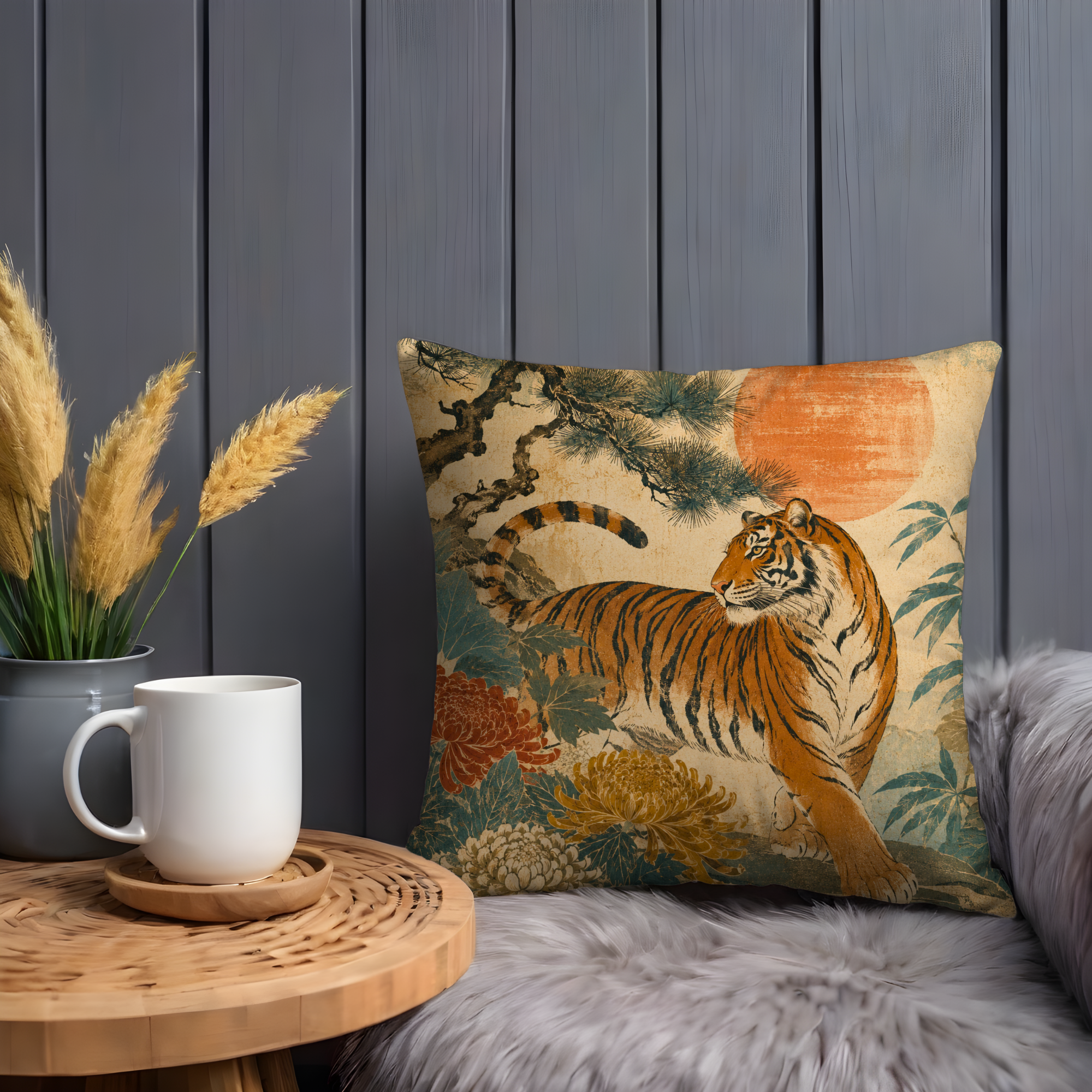 Tiger Chrysanthemum Red Sun Pillow Cover | Classic Asian Art | Bold Wildlife Decor