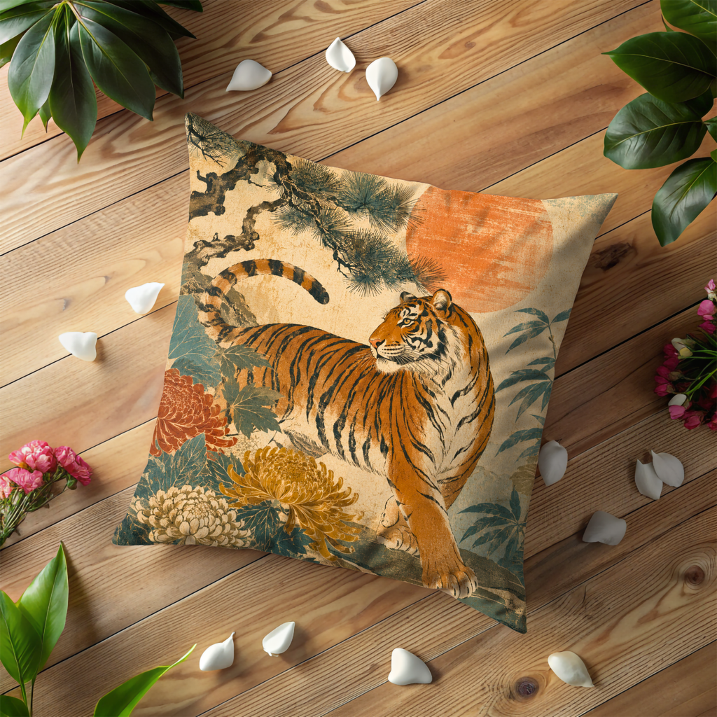 Tiger Chrysanthemum Red Sun Pillow Cover | Classic Asian Art | Bold Wildlife Decor