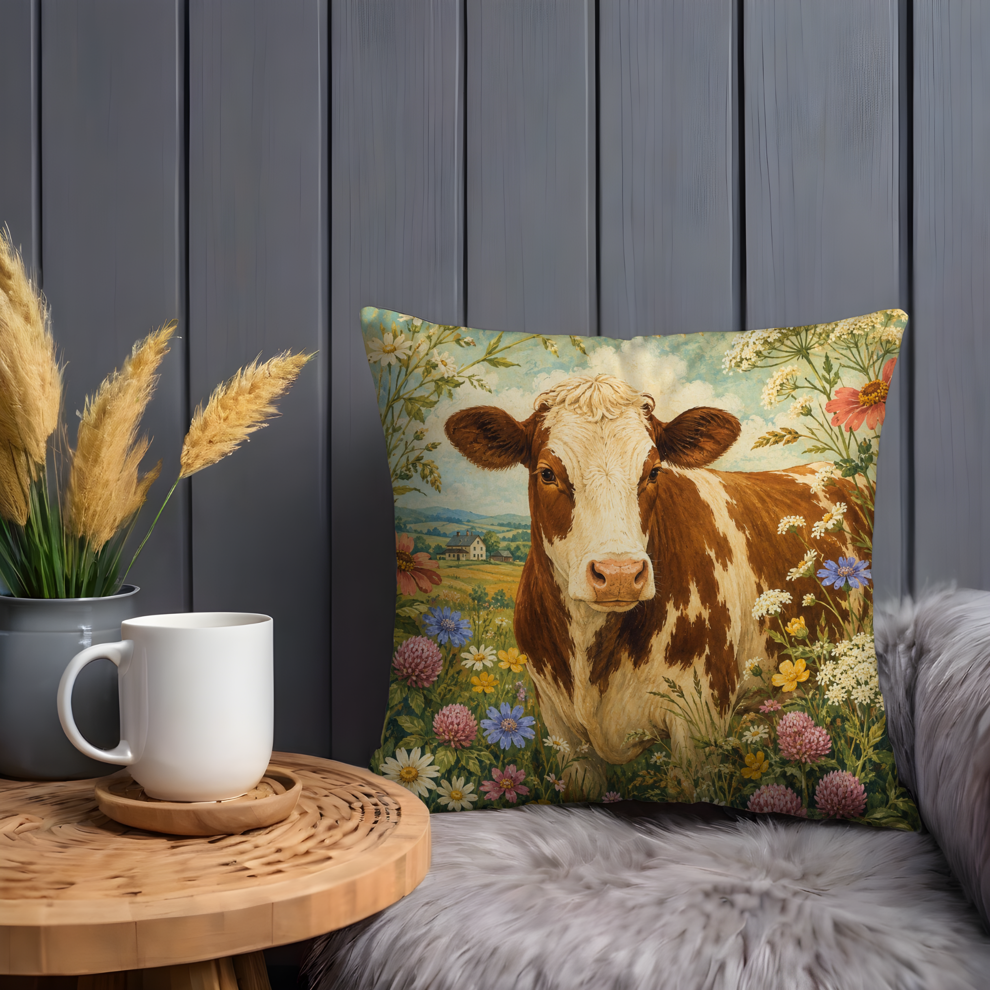 Brown White Cow Wildflower Meadow Pillow Cover | Classic Farm Art | Country Pastoral Decor
