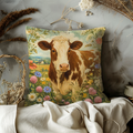Brown White Cow Wildflower Meadow Pillow Cover | Classic Farm Art | Country Pastoral Decor