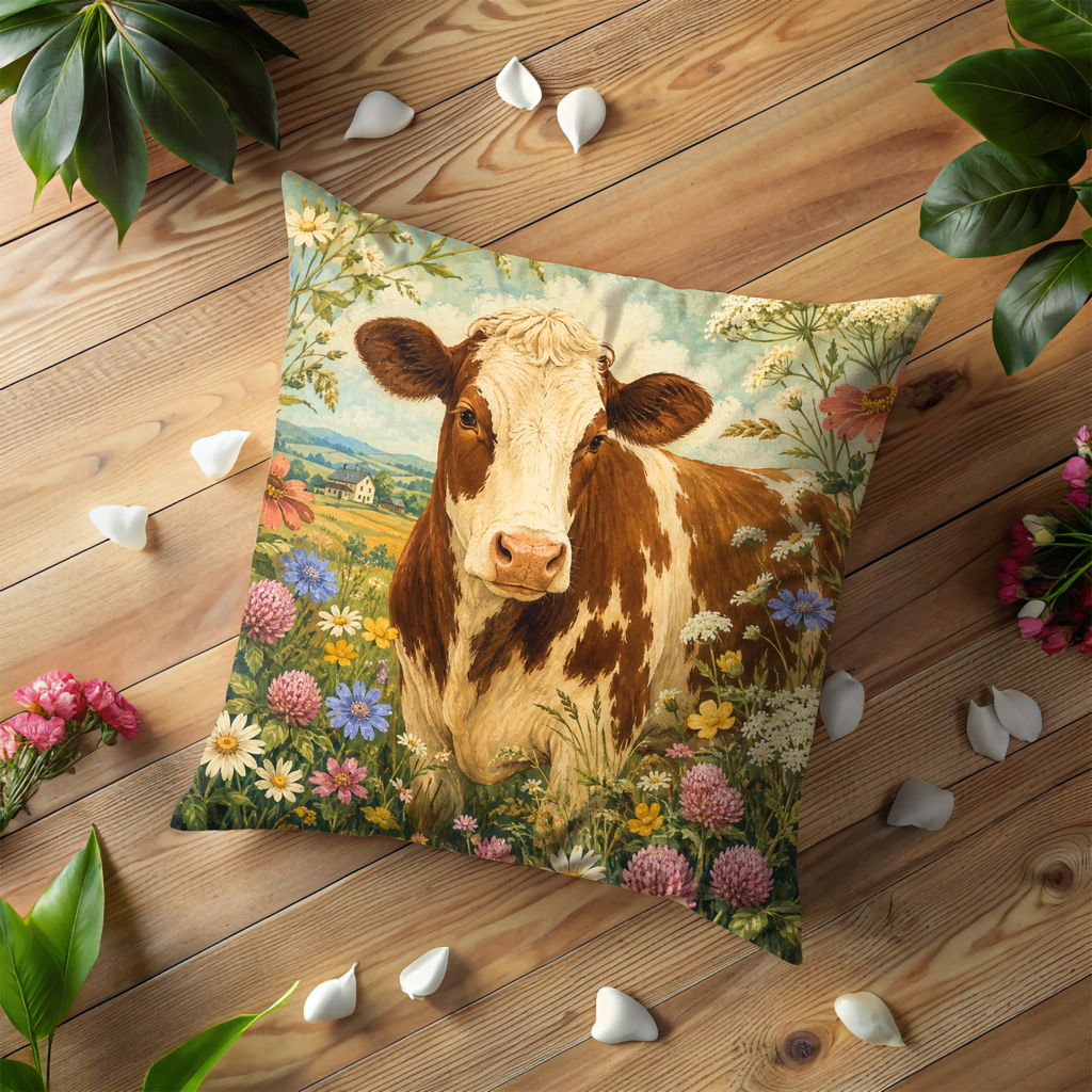 Brown White Cow Wildflower Meadow Pillow Cover | Classic Farm Art | Country Pastoral Decor