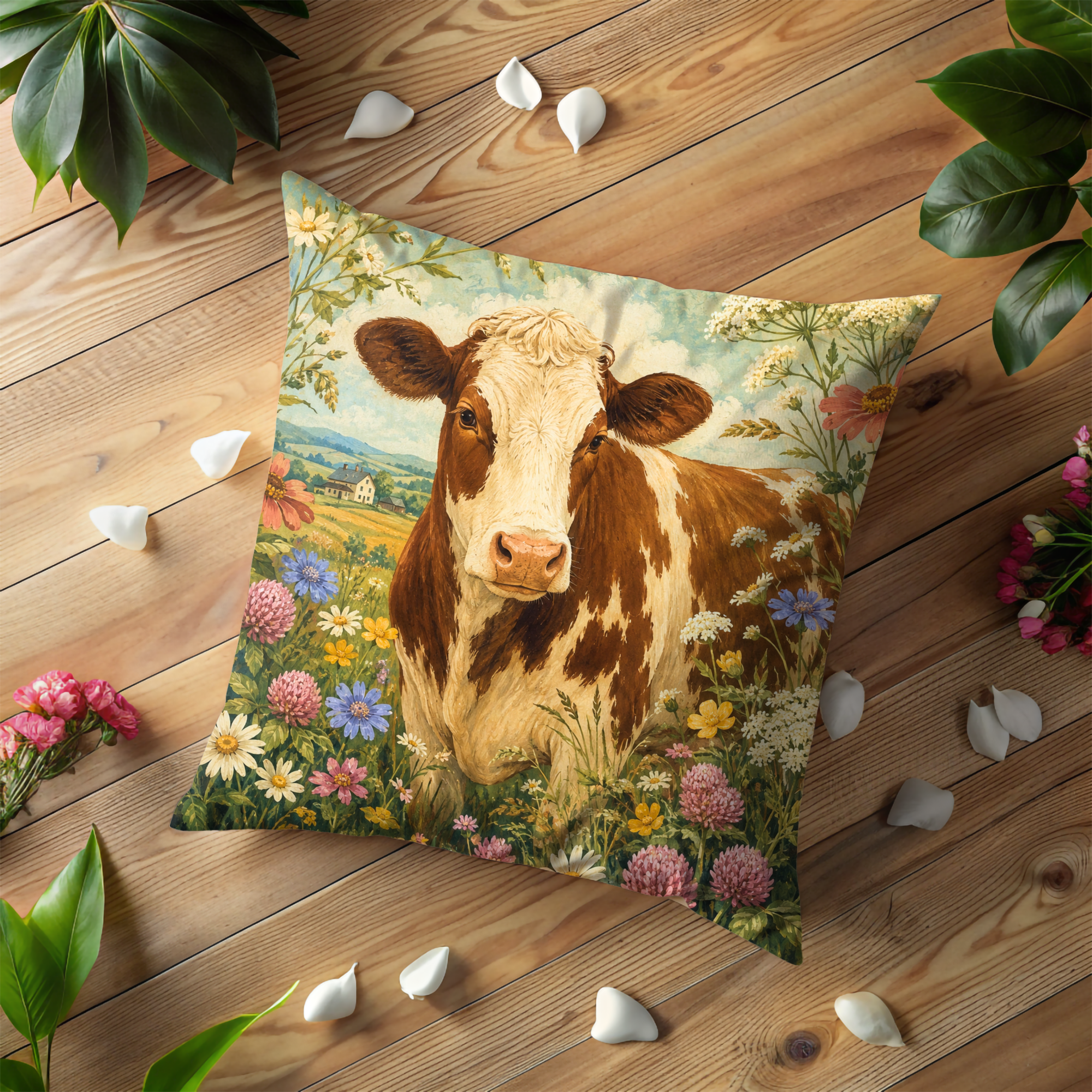 Brown White Cow Wildflower Meadow Pillow Cover | Classic Farm Art | Country Pastoral Decor