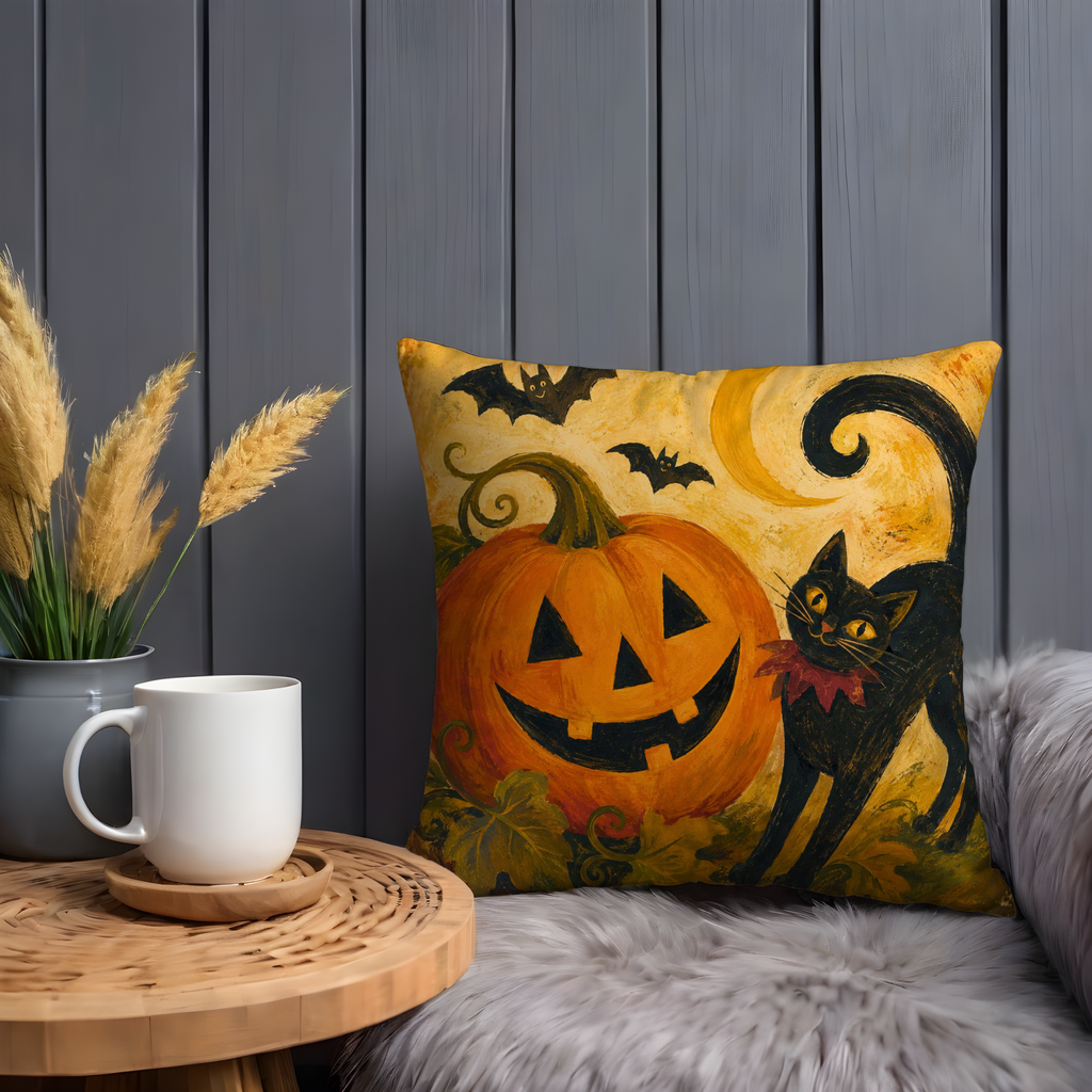 Black Cat Jack O Lantern Pillow Cover | Halloween Art | Spooky Autumn Decor
