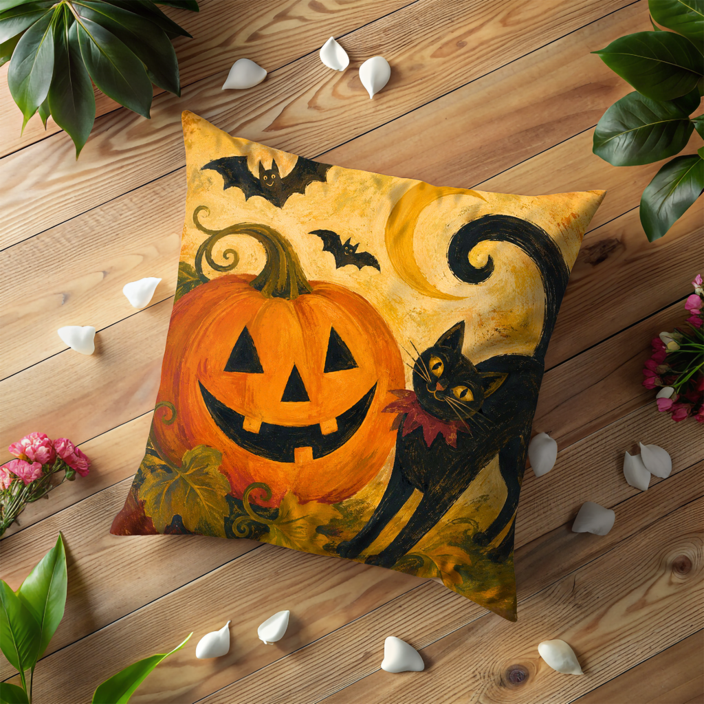 Black Cat Jack O Lantern Pillow Cover | Halloween Art | Spooky Autumn Decor